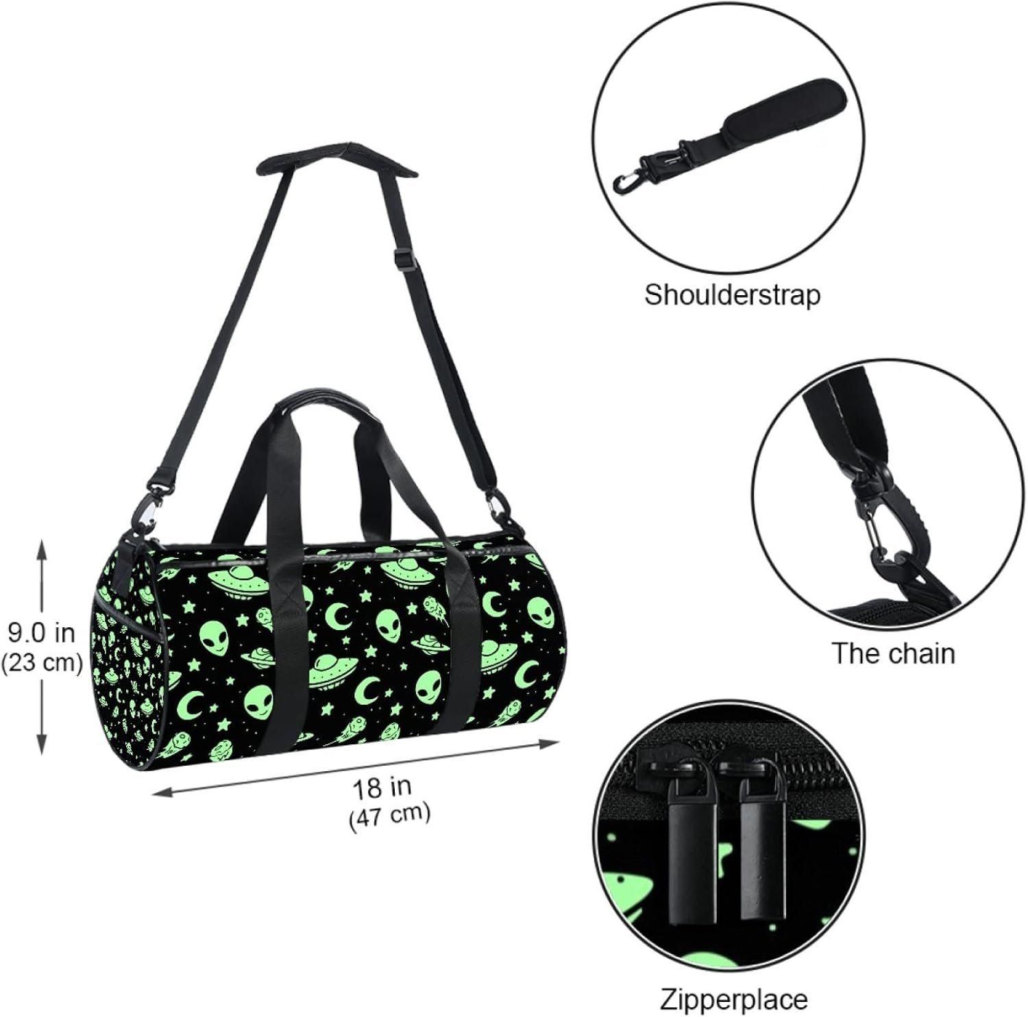 Private Label Green Alien UFO Moon Sports Gym Travel Duffel Bag Custom Logo Luggage Handbag for Women Men Manufacturer