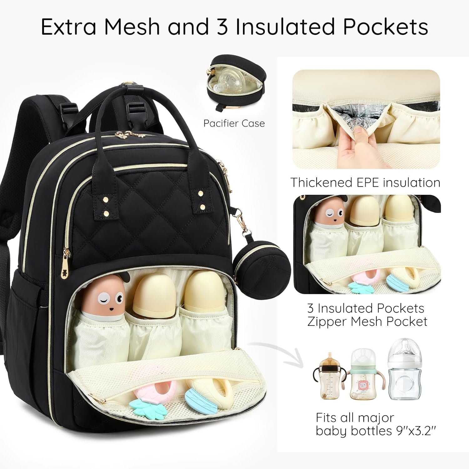 Private Label Diaper Bag Backpack, Multi-Functional Waterproof Quilted Baby Travel Tote Manufacturer with Changing Pad Stroller Straps Pacifier Case, Custom Logo Black Private Label Diaper Bag Backpack, Multi-Functional Waterproof Quilted Baby Travel Tote Manufacturer with Changing Pad Stroller Straps Pacifier Case, Custom Logo Black