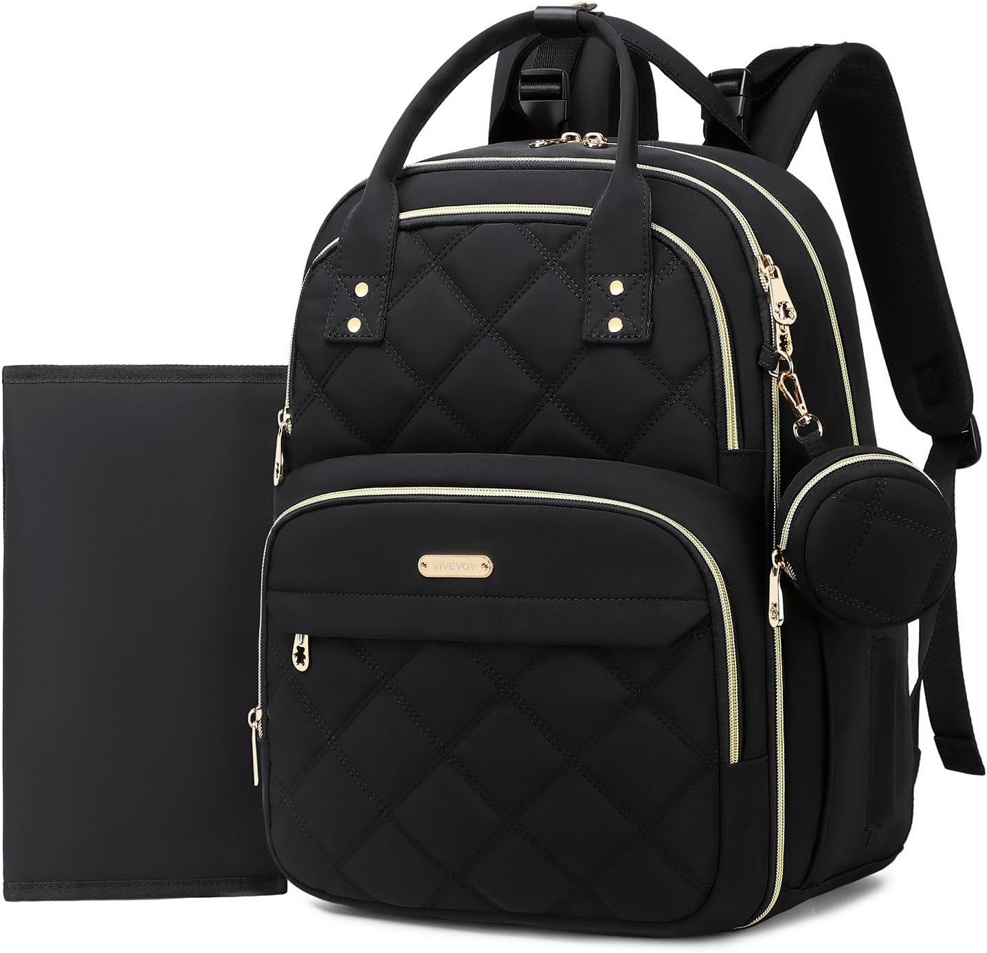 Private Label Diaper Bag Backpack, Multi-Functional Waterproof Quilted Baby Travel Tote Manufacturer with Changing Pad Stroller Straps Pacifier Case, Custom Logo Black