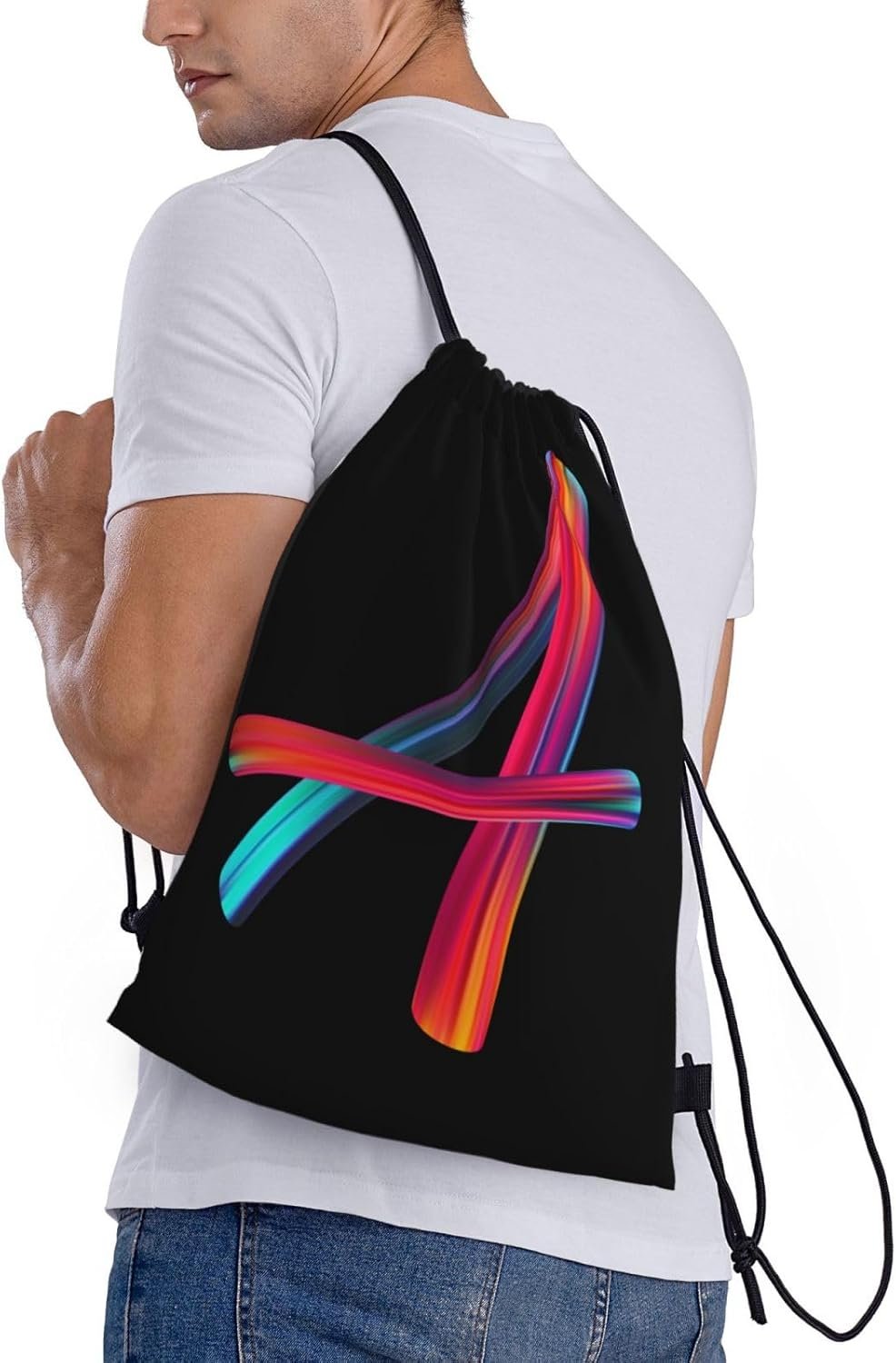 Custom Logo Black Drawstring Cinch Sackpack Bags with Rainbow Letter A Private Label for Sports Gym Travel Swimming Beach Camping Manufacturer Custom Logo Black Drawstring Cinch Sackpack Bags with Rainbow Letter A Private Label for Sports Gym Travel Swimming Beach Camping Manufacturer