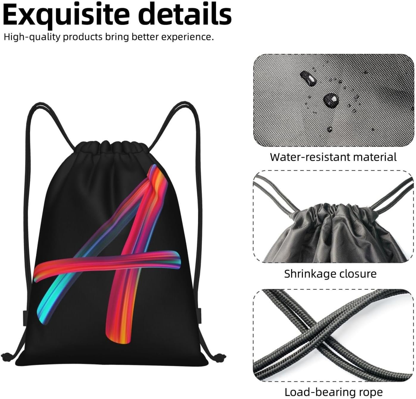 Custom Logo Black Drawstring Cinch Sackpack Bags with Rainbow Letter A Private Label for Sports Gym Travel Swimming Beach Camping Manufacturer Custom Logo Black Drawstring Cinch Sackpack Bags with Rainbow Letter A Private Label for Sports Gym Travel Swimming Beach Camping Manufacturer
