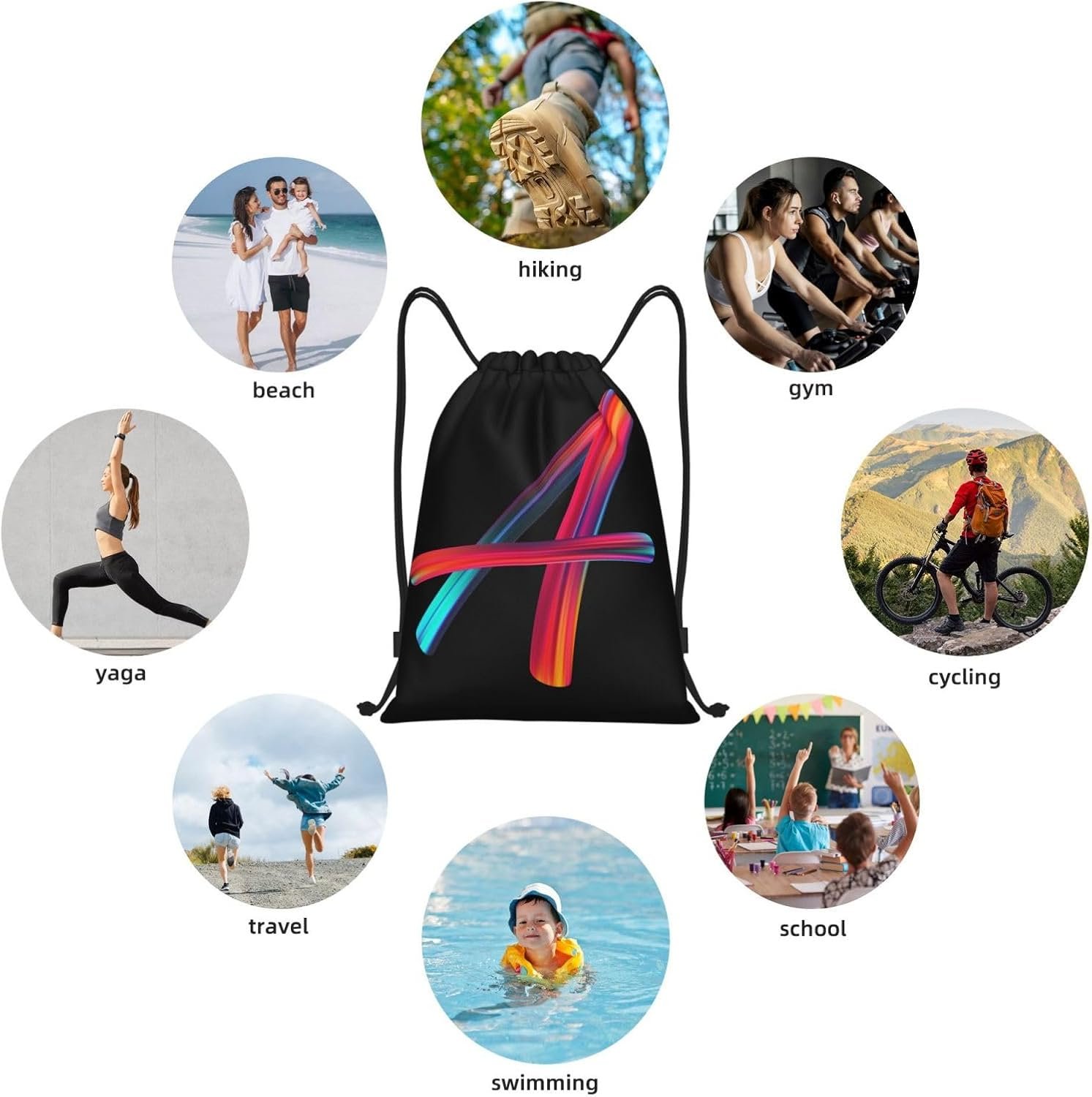 Custom Logo Black Drawstring Cinch Sackpack Bags with Rainbow Letter A Private Label for Sports Gym Travel Swimming Beach Camping Manufacturer Custom Logo Black Drawstring Cinch Sackpack Bags with Rainbow Letter A Private Label for Sports Gym Travel Swimming Beach Camping Manufacturer