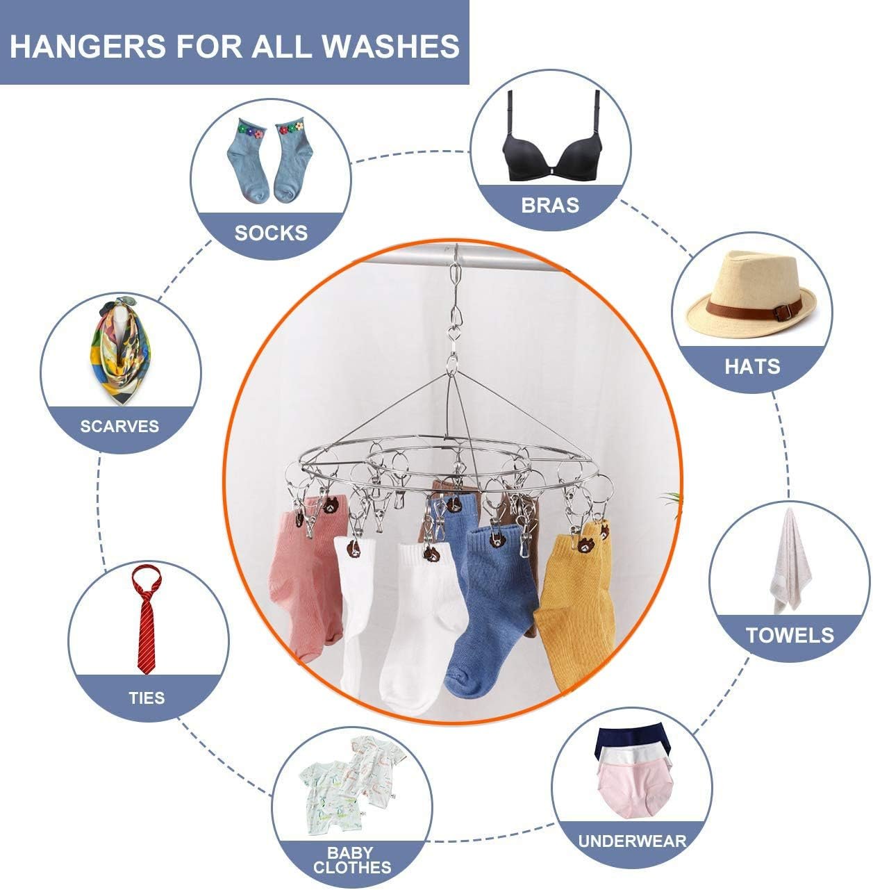 Private Label 2 Pack Custom Logo Stainless Steel Round Hanging Drying Rack with 20 Clips for Drying Socks, Baby Clothes, Bras, Towel, Underwear, Hat, Scarf, Pants, Gloves Manufacturer