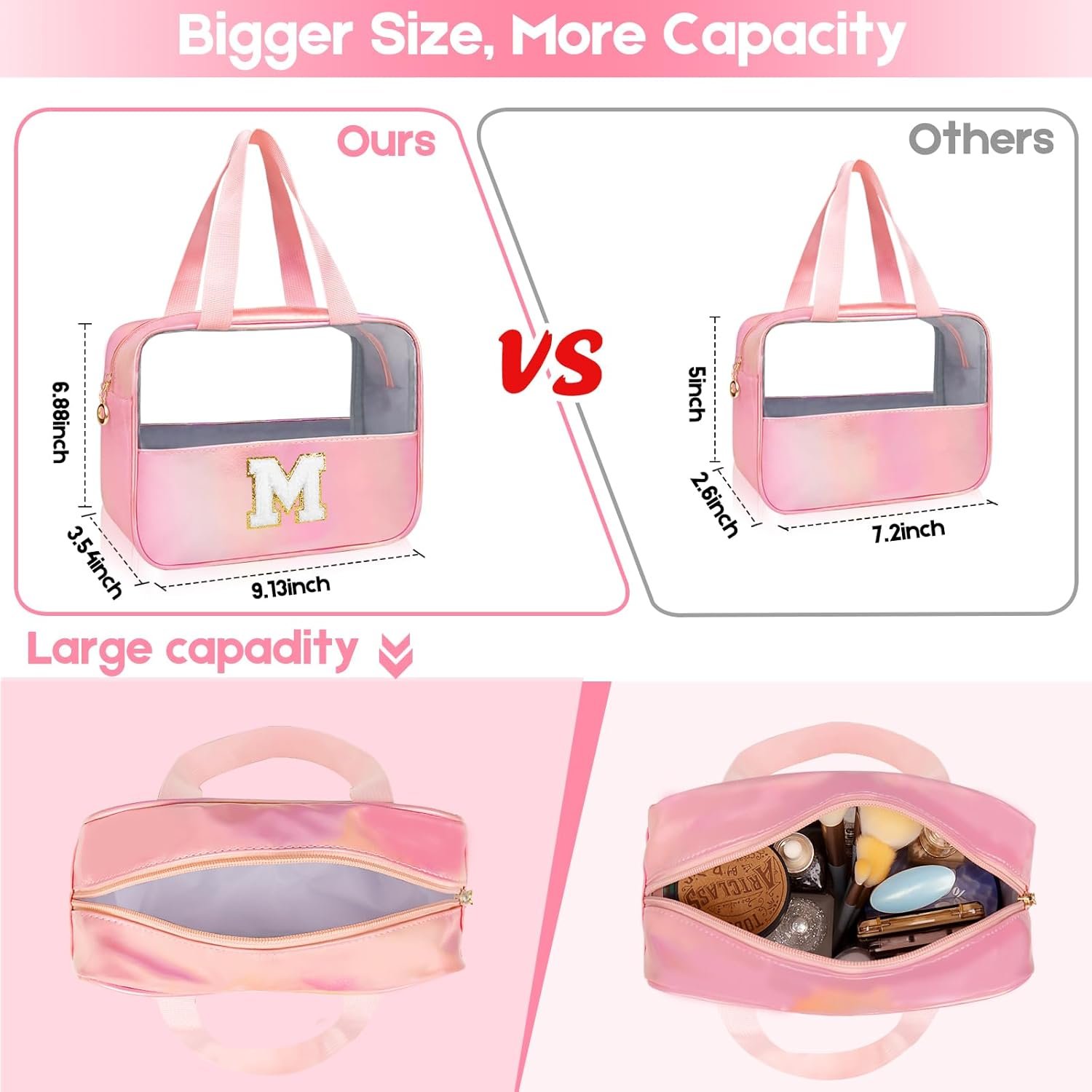 Custom Logo Personalized Pink Clear Large Makeup Bag Private Label Cosmetic Organizer Manufacturer Travel Toiletry Bag for Women Girls Gifts