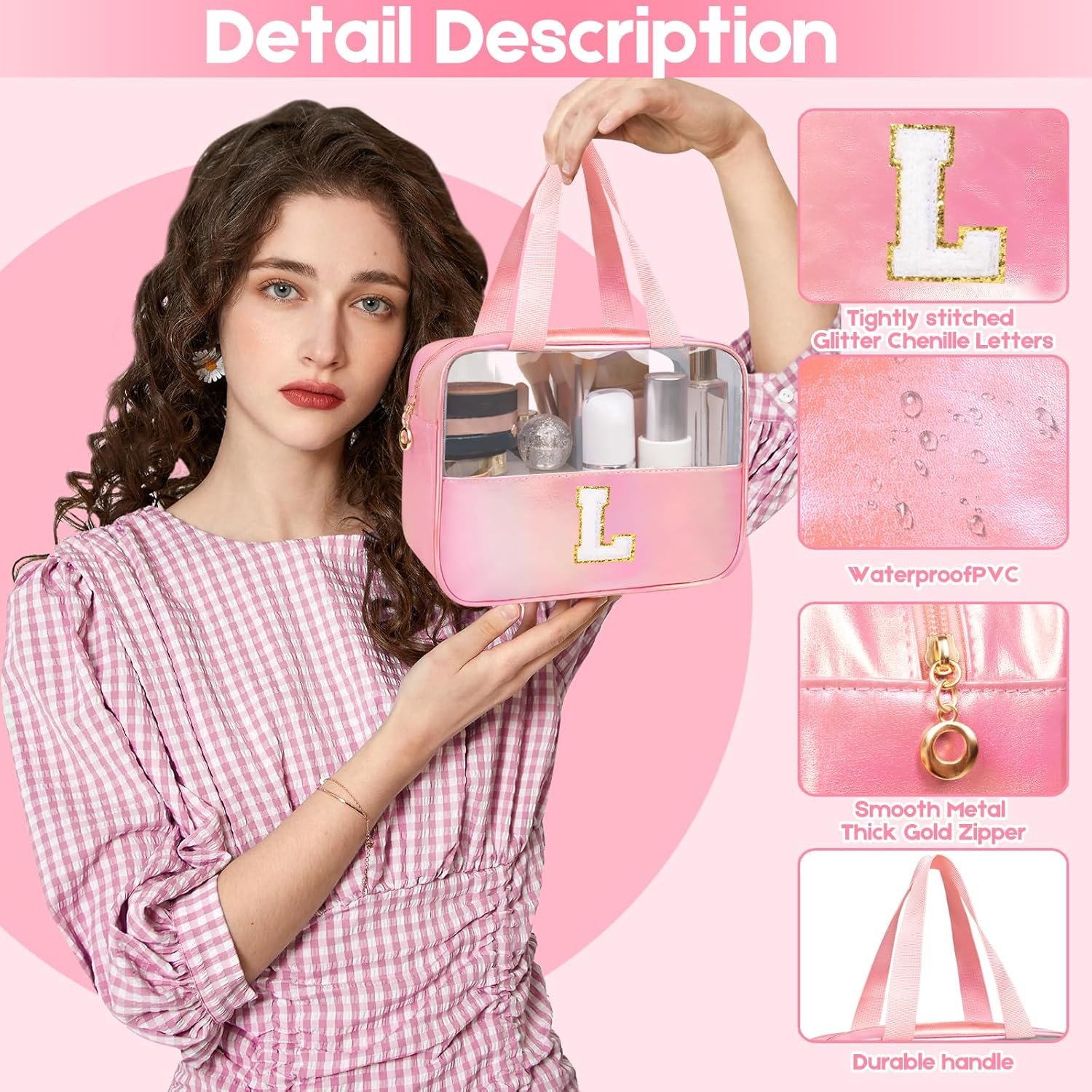 Custom Logo Personalized Pink Clear Large Makeup Bag Private Label Cosmetic Organizer Manufacturer Travel Toiletry Bag for Women Girls Gifts
