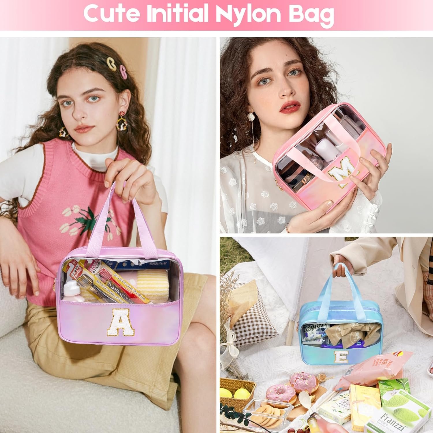 Custom Logo Personalized Pink Clear Large Makeup Bag Private Label Cosmetic Organizer Manufacturer Travel Toiletry Bag for Women Girls Gifts