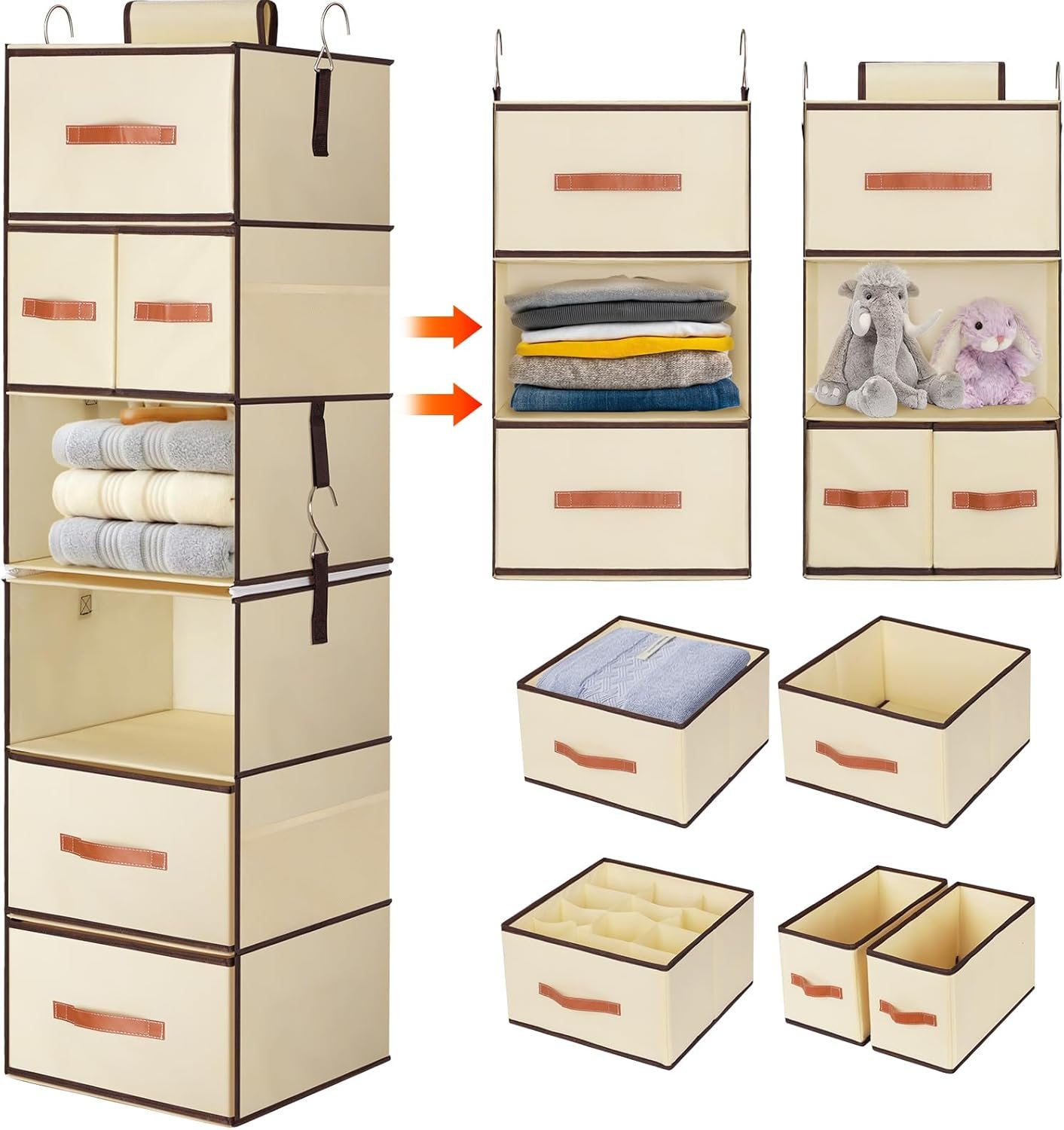 Private Label 6-Shelf Hanging Closet Organizer Custom Logo with 5 Removable Drawers & Side Pockets for Bedroom or Garment Rack Manufacturer 12.6'' x 12.6'' x 44.1'' Beige