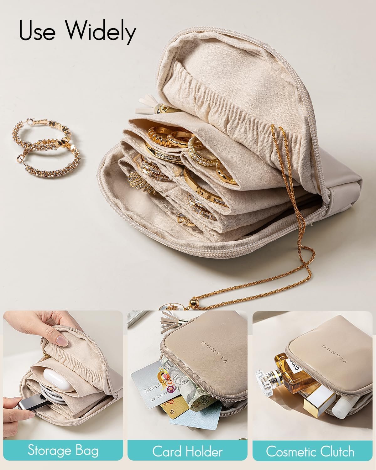Private Label Small Travel Jewelry Organizer with Zipper Custom Logo Velvet Pouch Bag Manufacturer for Bracelets Rings Earrings Cream White Private Label Small Travel Jewelry Organizer with Zipper Custom Logo Velvet Pouch Bag Manufacturer for Bracelets Rings Earrings Cream White