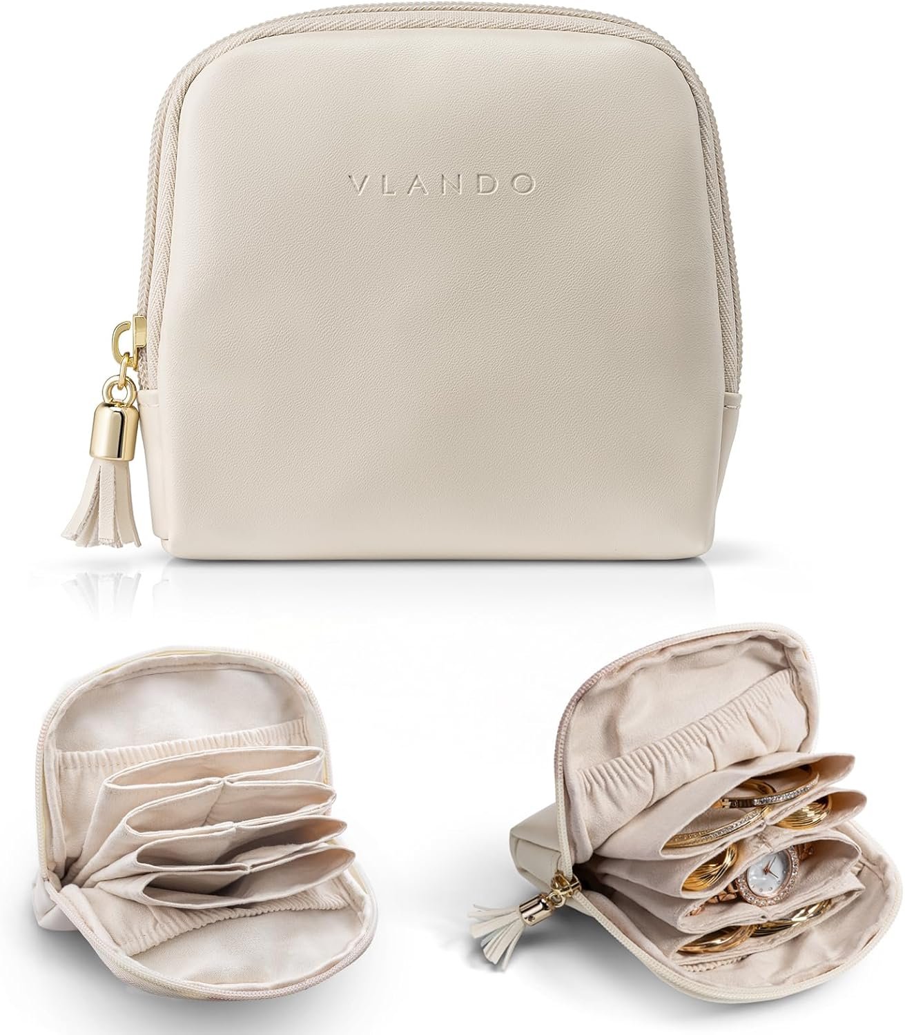 Private Label Small Travel Jewelry Organizer with Zipper Custom Logo Velvet Pouch Bag Manufacturer for Bracelets Rings Earrings Cream White