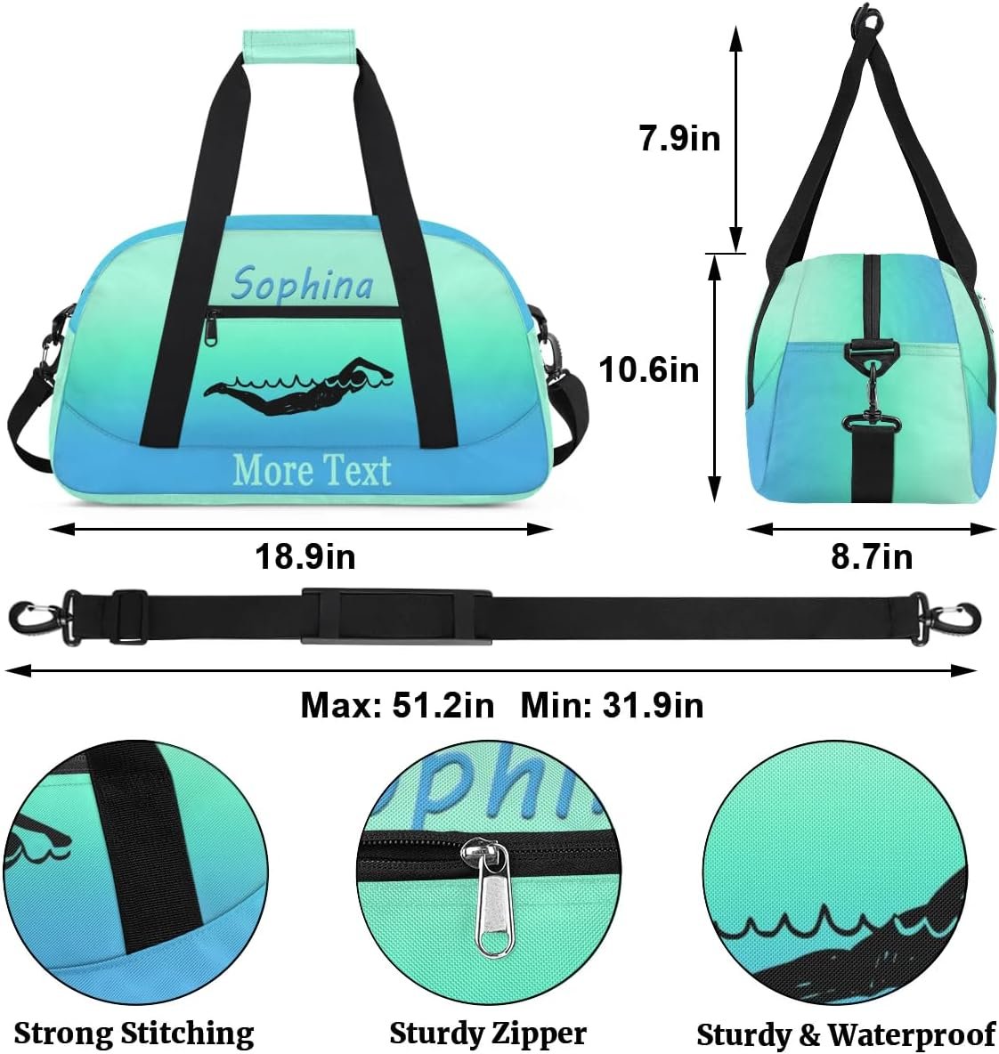Private Label Personalized Name Swimming Duffle Bag with Custom Logo for Kids Girls Boys Overnight Sleepover Travel Weekender Gym Gymnastics Blue Gift Factory
