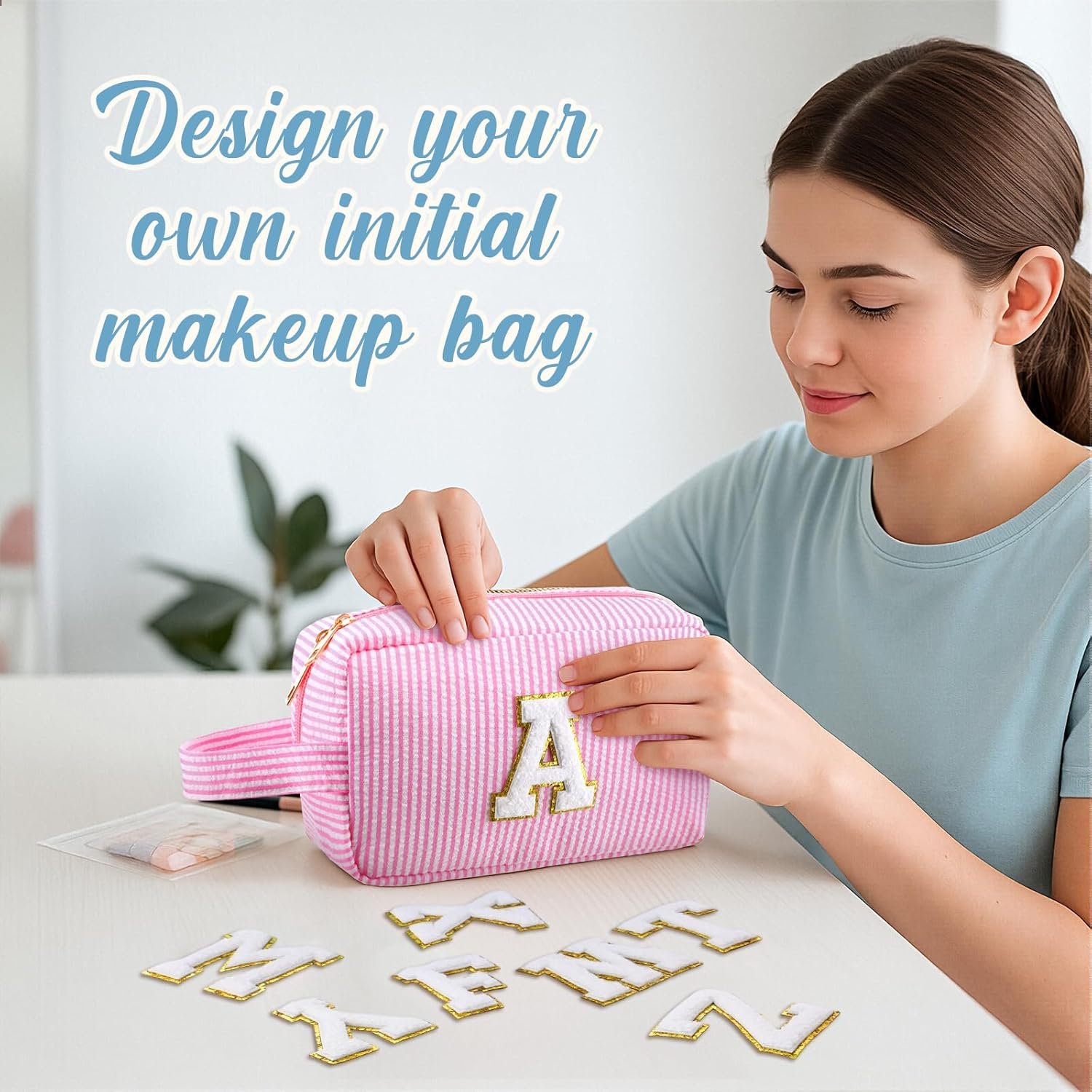 Custom Logo 4 Pcs Seersucker Striped Makeup Bags with 26 Chenille Letters A-Z Private Label Sublimation Customized Name Travel Toiletry Pouches Wedding Gifts for Women Bride Bridesmaids Manufacturer Custom Logo 4 Pcs Seersucker Striped Makeup Bags with 26 Chenille Letters A-Z Private Label Sublimation Customized Name Travel Toiletry Pouches Wedding Gifts for Women Bride Bridesmaids Manufacturer