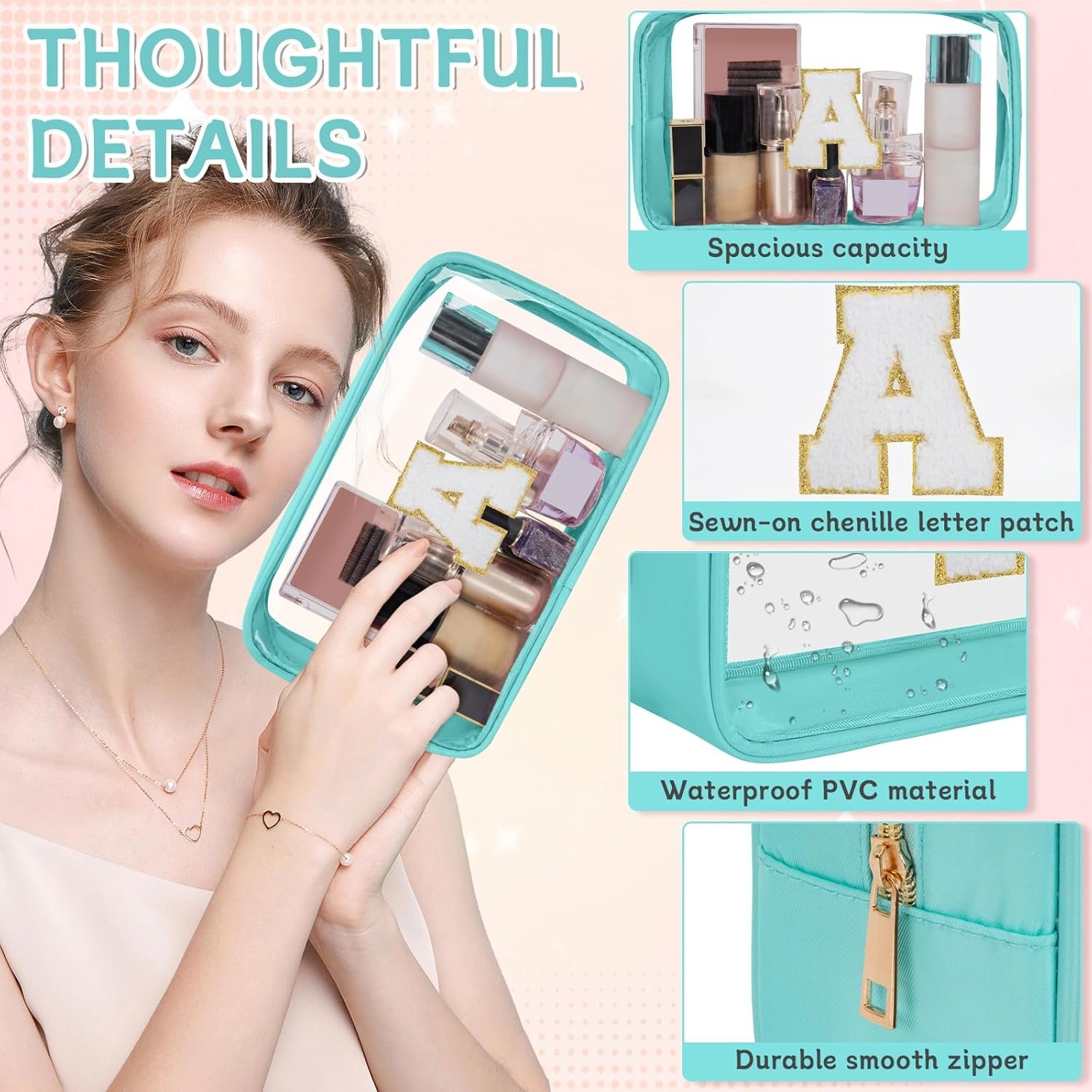 Private Label Personalized Initial Clear Makeup Bag Custom Logo Chenille Patch Travel Preppy Toiletry Cosmetic Pouch with Zipper Manufacturer (Clear-Green, A)