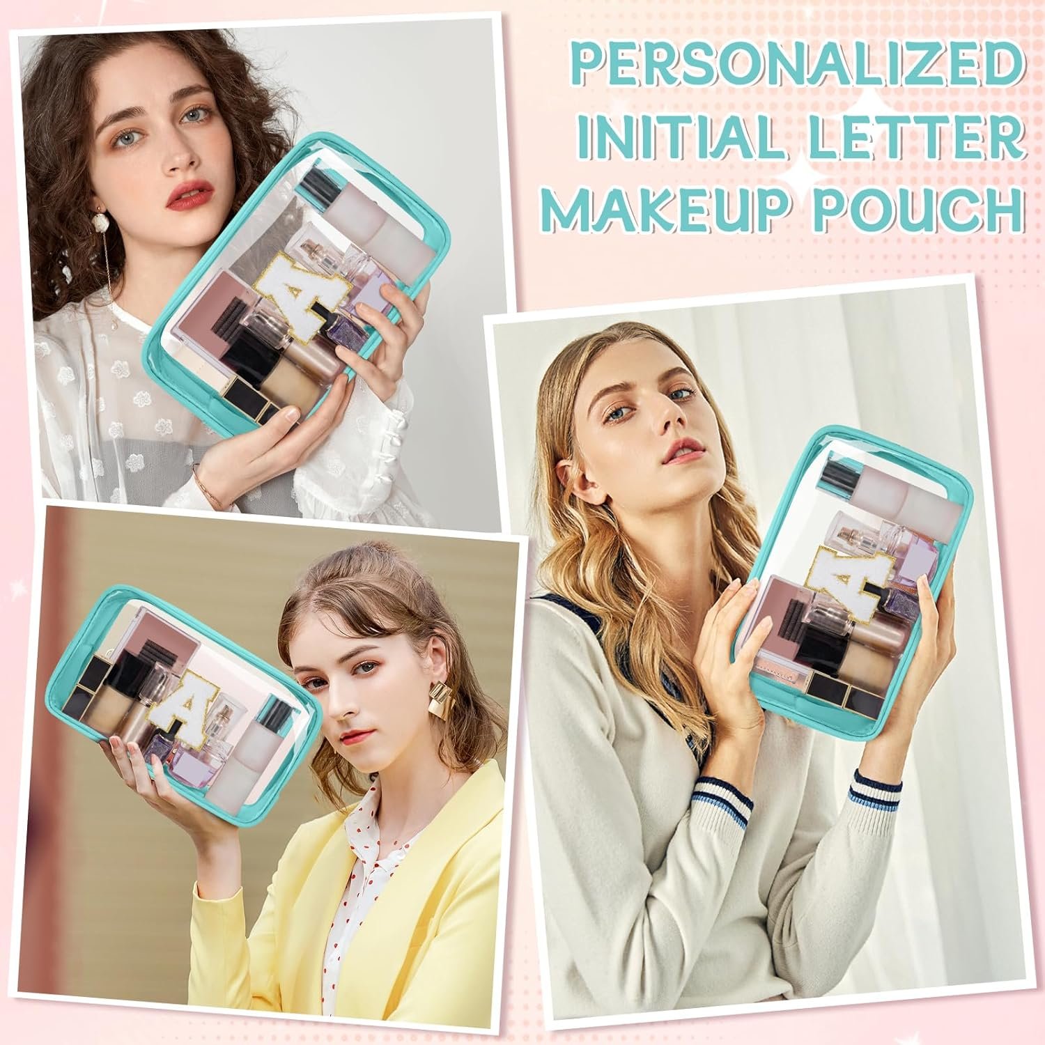 Private Label Personalized Initial Clear Makeup Bag Custom Logo Chenille Patch Travel Preppy Toiletry Cosmetic Pouch with Zipper Manufacturer (Clear-Green, A)
