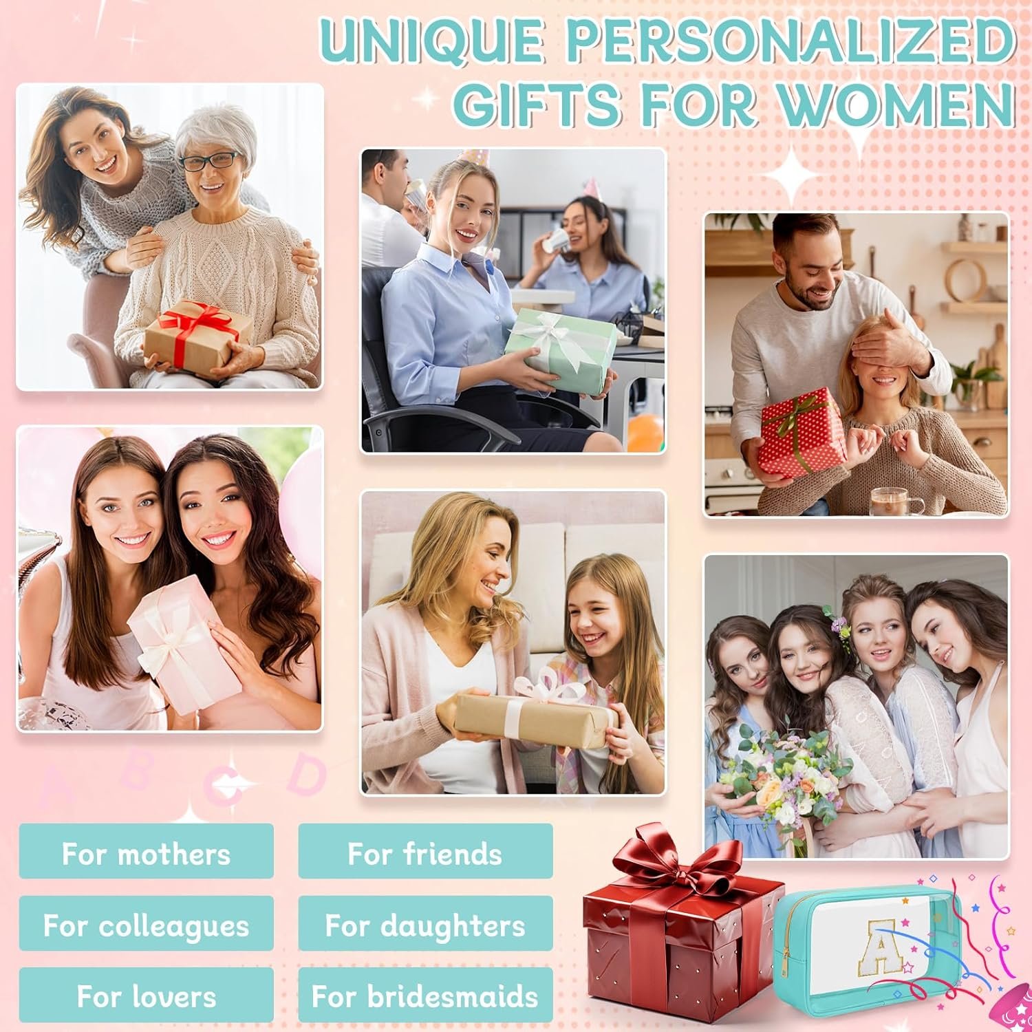 Private Label Personalized Initial Clear Makeup Bag Custom Logo Chenille Patch Travel Preppy Toiletry Cosmetic Pouch with Zipper Manufacturer (Clear-Green, A)