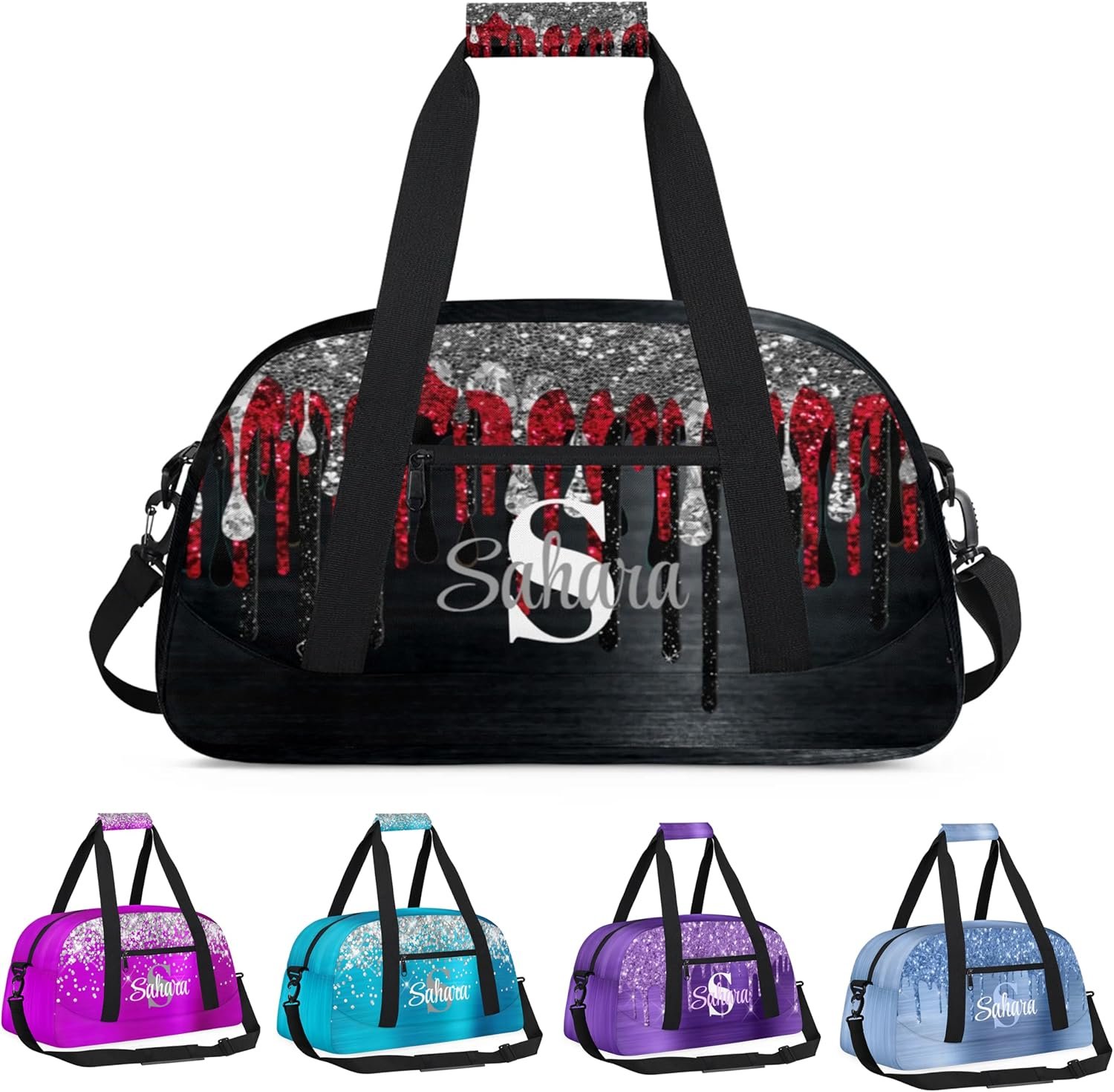 Custom Logo Personalized Glitter Dance Duffel Bag for Girls Ballet Cheerleader Gym Sport Weekender Travel, Private Label Kids Red Black Glitter Drips Bag Manufacturer