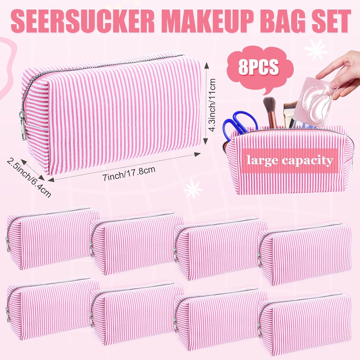 Factory 8 Pcs Seersucker Striped Makeup Cosmetic Bags Private Label Bulk Organizer Preppy Travel Toiletry Pouch for Women Wedding Bridesmaid Bride Mom Gifts Custom Logo Pink Medium Factory 8 Pcs Seersucker Striped Makeup Cosmetic Bags Private Label Bulk Organizer Preppy Travel Toiletry Pouch for Women Wedding Bridesmaid Bride Mom Gifts Custom Logo Pink Medium