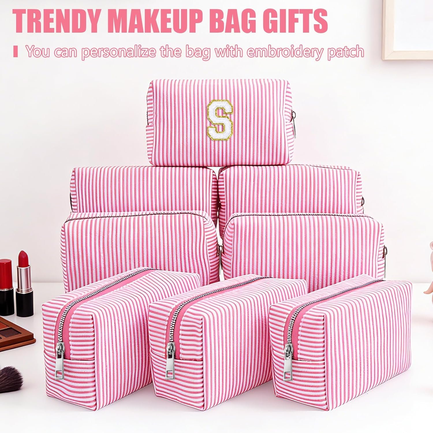 Factory 8 Pcs Seersucker Striped Makeup Cosmetic Bags Private Label Bulk Organizer Preppy Travel Toiletry Pouch for Women Wedding Bridesmaid Bride Mom Gifts Custom Logo Pink Medium Factory 8 Pcs Seersucker Striped Makeup Cosmetic Bags Private Label Bulk Organizer Preppy Travel Toiletry Pouch for Women Wedding Bridesmaid Bride Mom Gifts Custom Logo Pink Medium