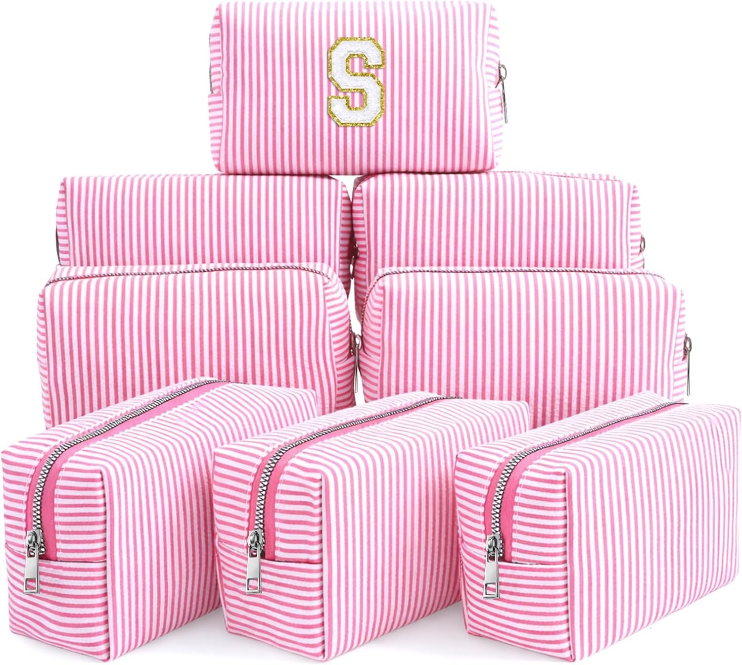 Factory 8 Pcs Seersucker Striped Makeup Cosmetic Bags Private Label Bulk Organizer Preppy Travel Toiletry Pouch for Women Wedding Bridesmaid Bride Mom Gifts Custom Logo Pink Medium