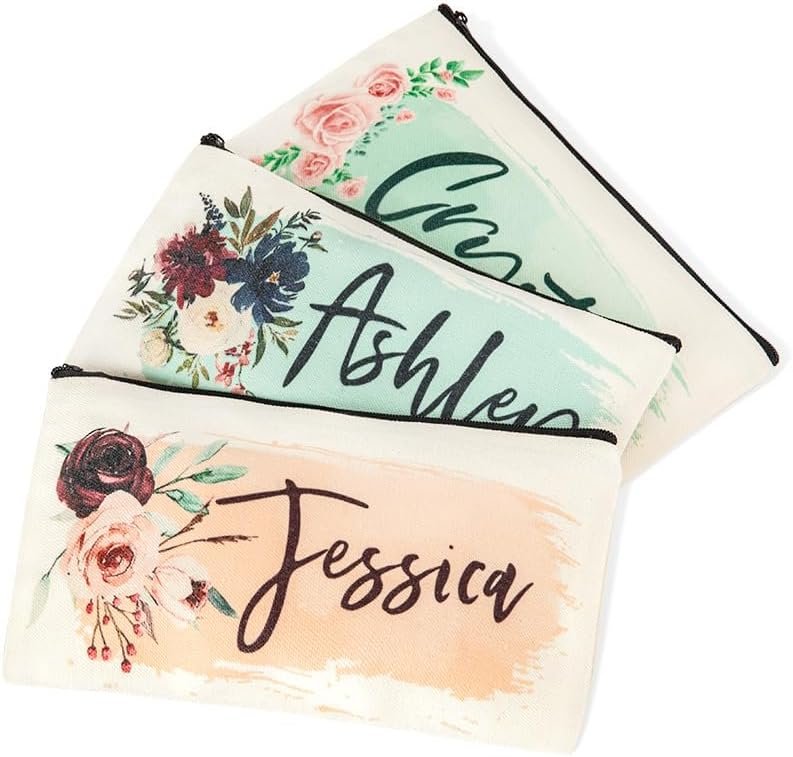 Private Label Small Personalized Makeup Cosmetic Bag Flower Zipper Pouch Custom Logo for Purse Travel Gifts for Bridesmaids Women Mothers Grandmas Daughters 9 Colors Manufacturer