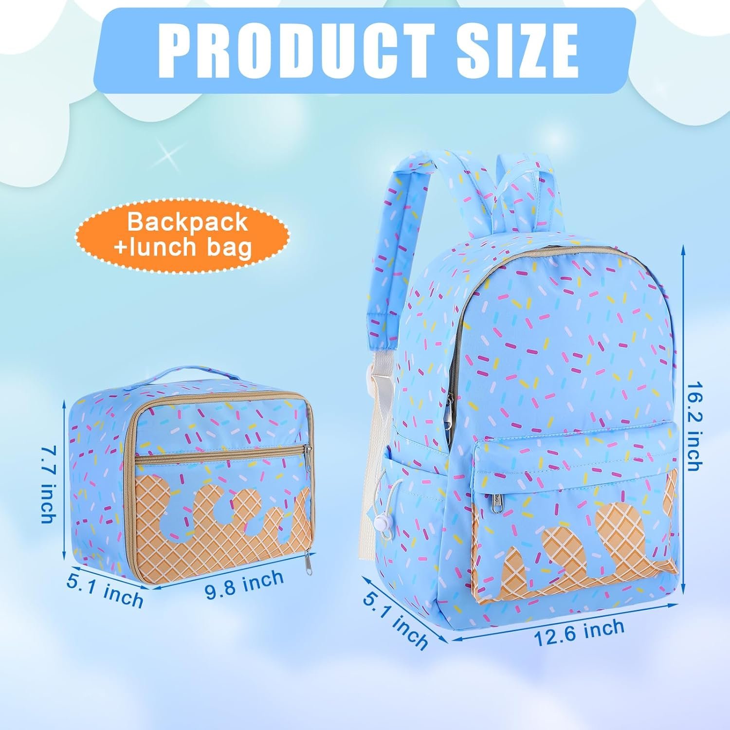 Custom Logo Blue Ice Cream Drip Backpack with Private Label Lunch Box Set from Manufacturer for School Travel Hiking Camping Casual