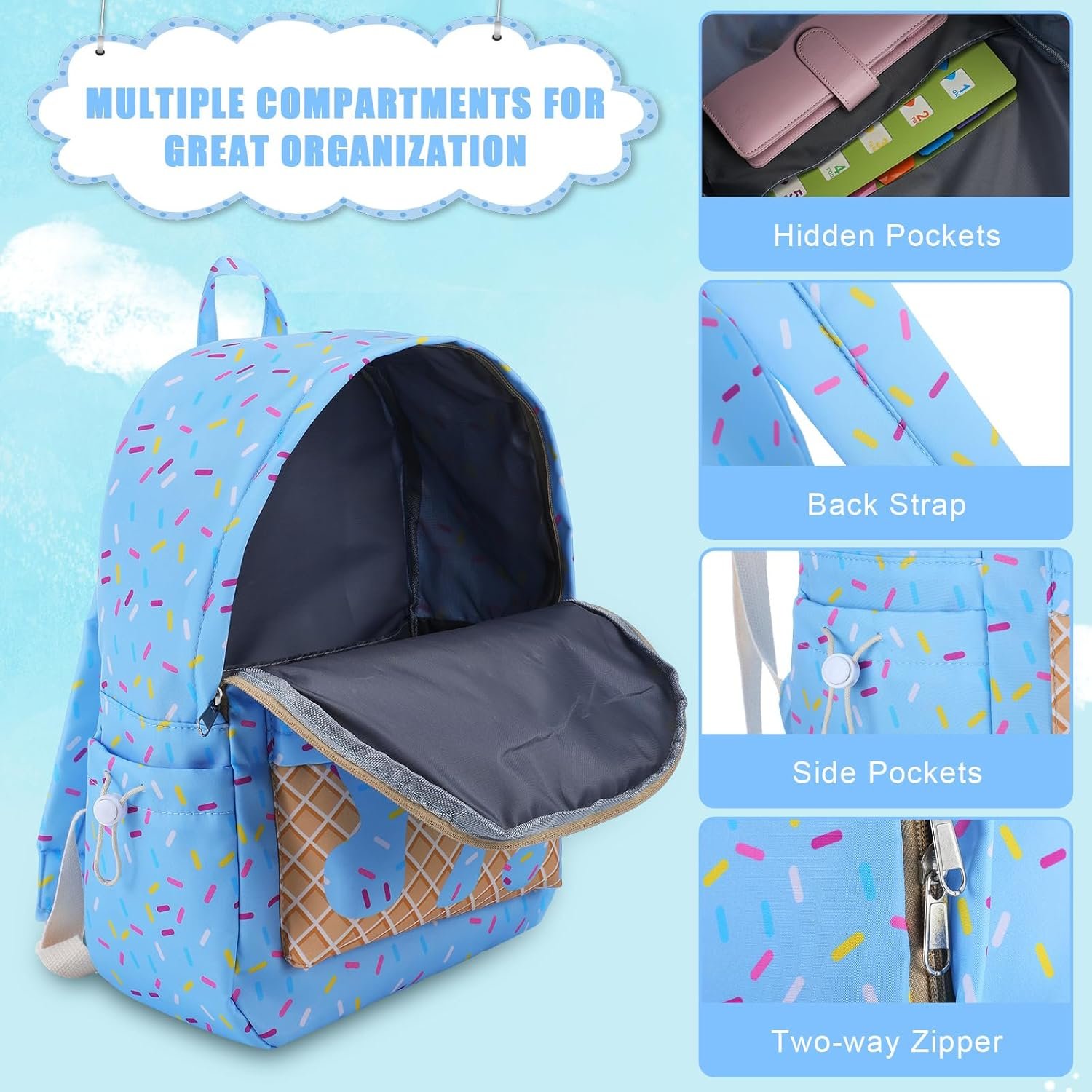 Custom Logo Blue Ice Cream Drip Backpack with Private Label Lunch Box Set from Manufacturer for School Travel Hiking Camping Casual
