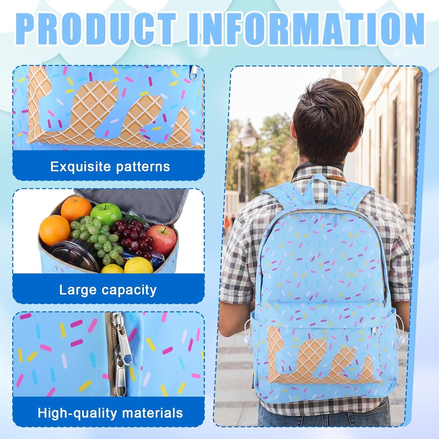 Custom Logo Blue Ice Cream Drip Backpack with Private Label Lunch Box Set from Manufacturer for School Travel Hiking Camping Casual