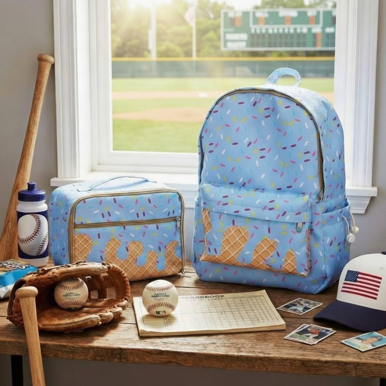 Custom Logo Blue Ice Cream Drip Backpack with Private Label Lunch Box Set from Manufacturer for School Travel Hiking Camping Casual