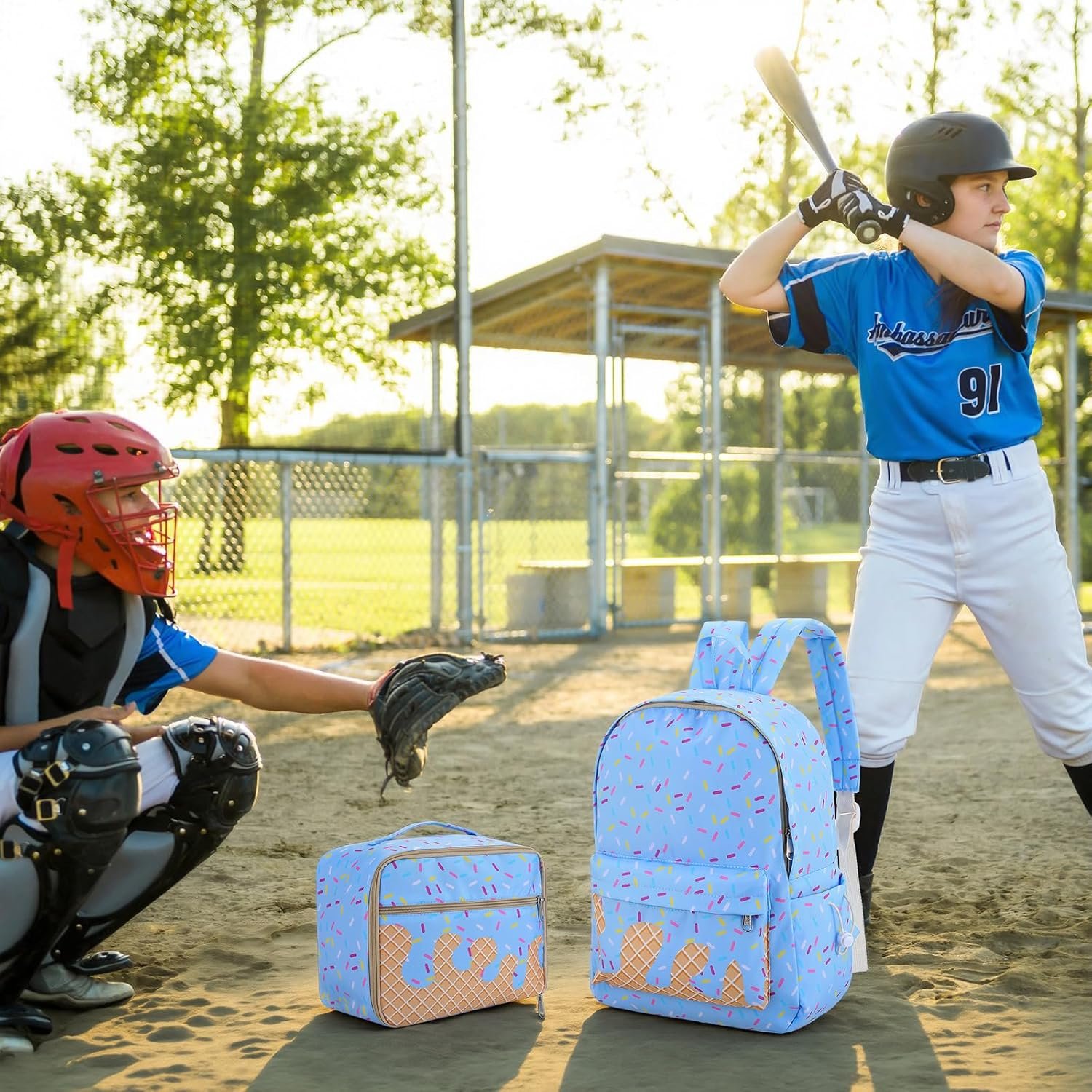 Custom Logo Blue Ice Cream Drip Backpack with Private Label Lunch Box Set from Manufacturer for School Travel Hiking Camping Casual
