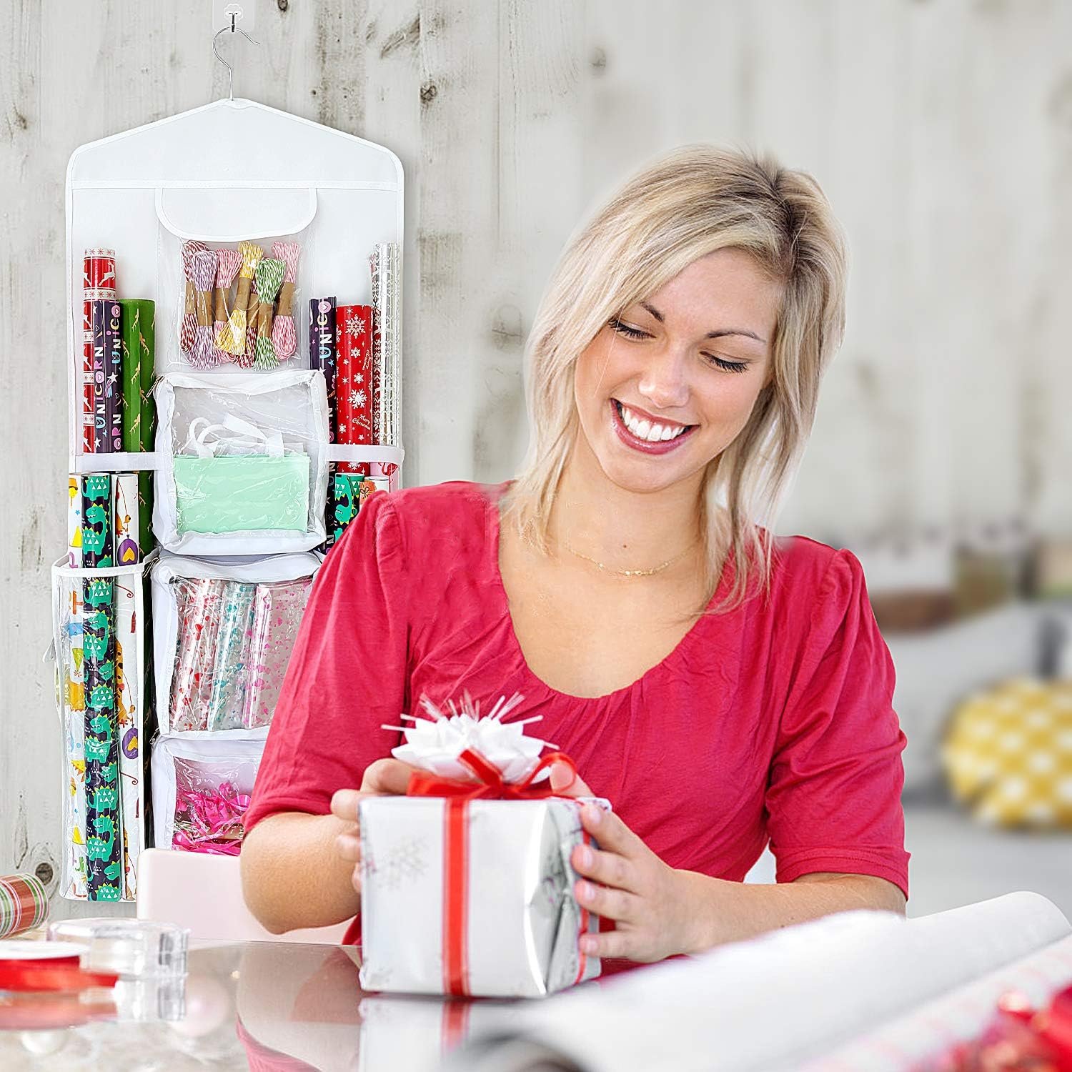 Private Label Double-Sided Gift Wrap Organizer - Custom Logo White Hanging Wrapping Paper Gift Bag Storage Holder Pockets Manufacturer