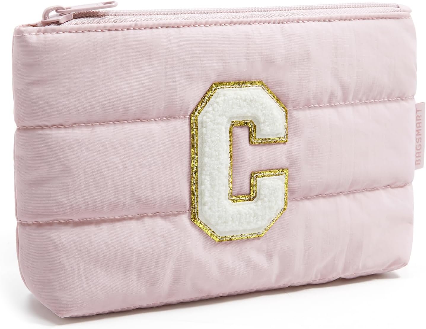 Custom Logo Personalized Makeup Bag with Initial Pink Small Cosmetic Travel Organizer Private Label Water-Resistant Pouch Factory for Women Teens Bridesmaid Graduation (Initial-C, Small)