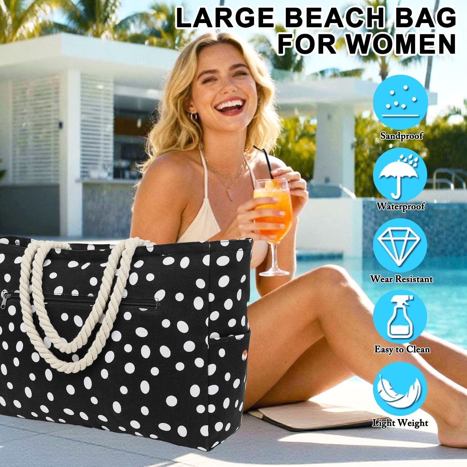 Custom Logo Large Canvas Beach Bag for Women Private Label Waterproof Sandproof with Zipper and Wet Bag Cruise Essentials Manufacturer