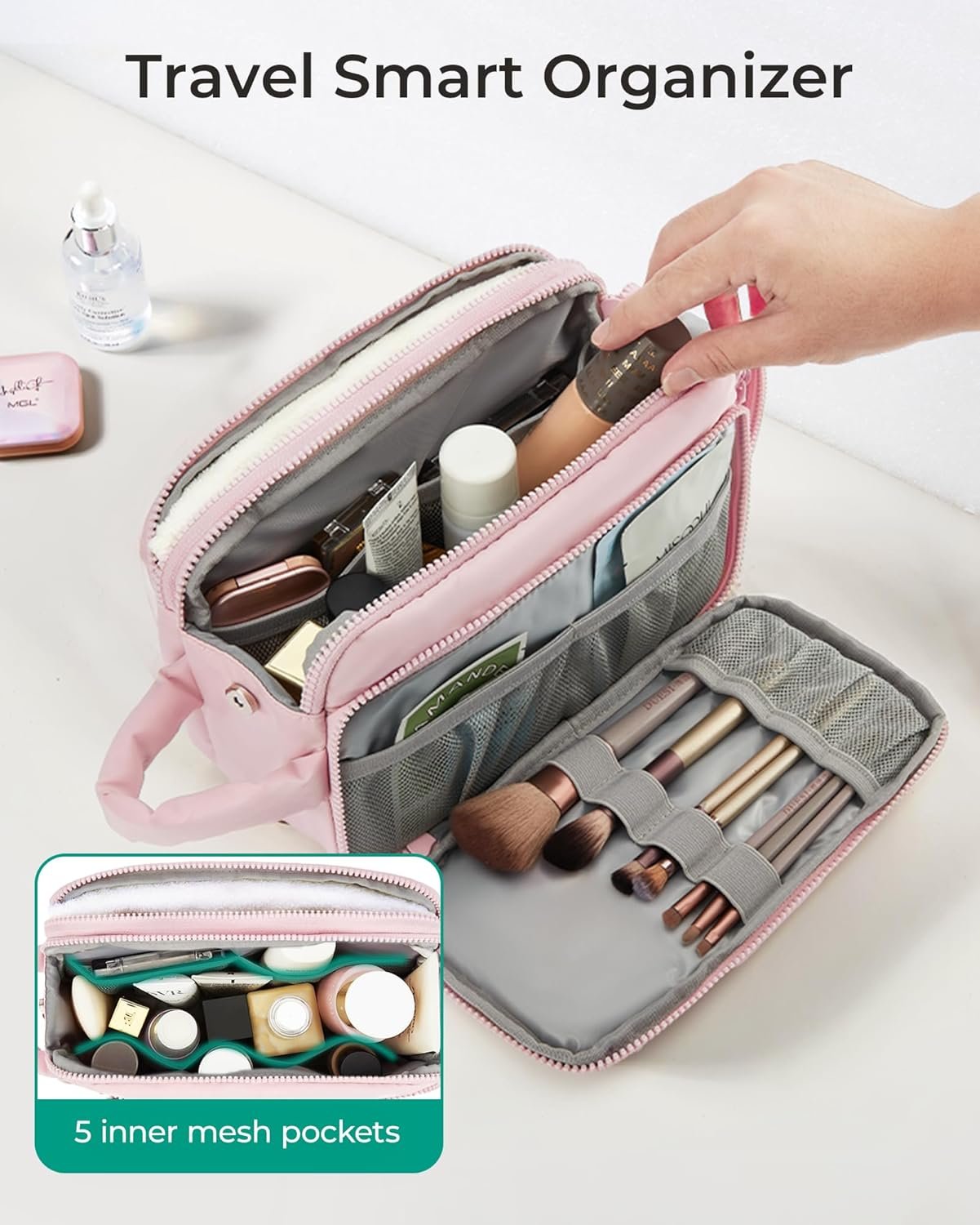 Manufacturer Puffy Travel Makeup Bag Organizer Private Label Cosmetic Case Custom Logo for Toiletries Bottles Brushes Pink