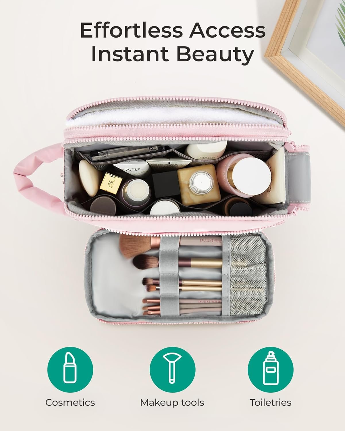 Manufacturer Puffy Travel Makeup Bag Organizer Private Label Cosmetic Case Custom Logo for Toiletries Bottles Brushes Pink