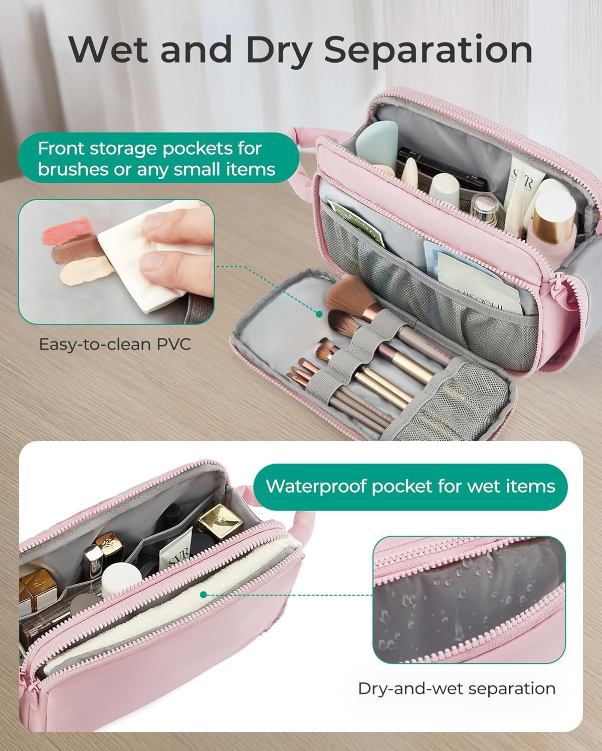 Manufacturer Puffy Travel Makeup Bag Organizer Private Label Cosmetic Case Custom Logo for Toiletries Bottles Brushes Pink