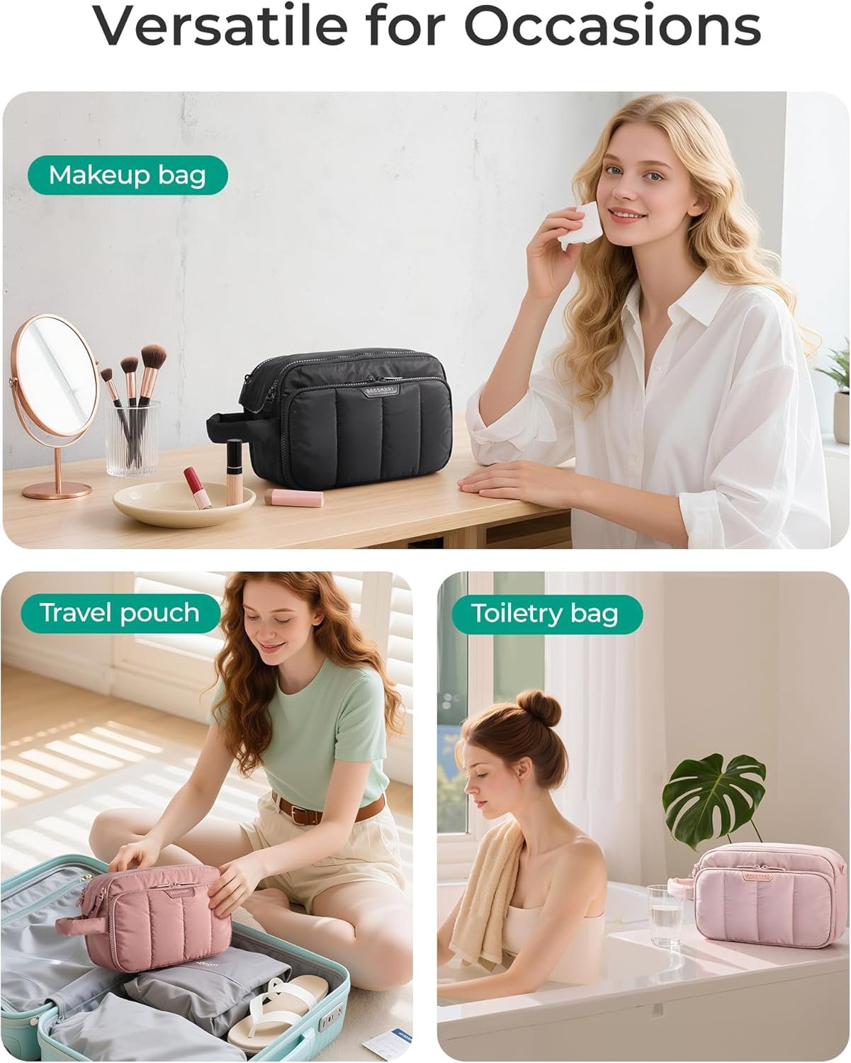 Manufacturer Puffy Travel Makeup Bag Organizer Private Label Cosmetic Case Custom Logo for Toiletries Bottles Brushes Pink