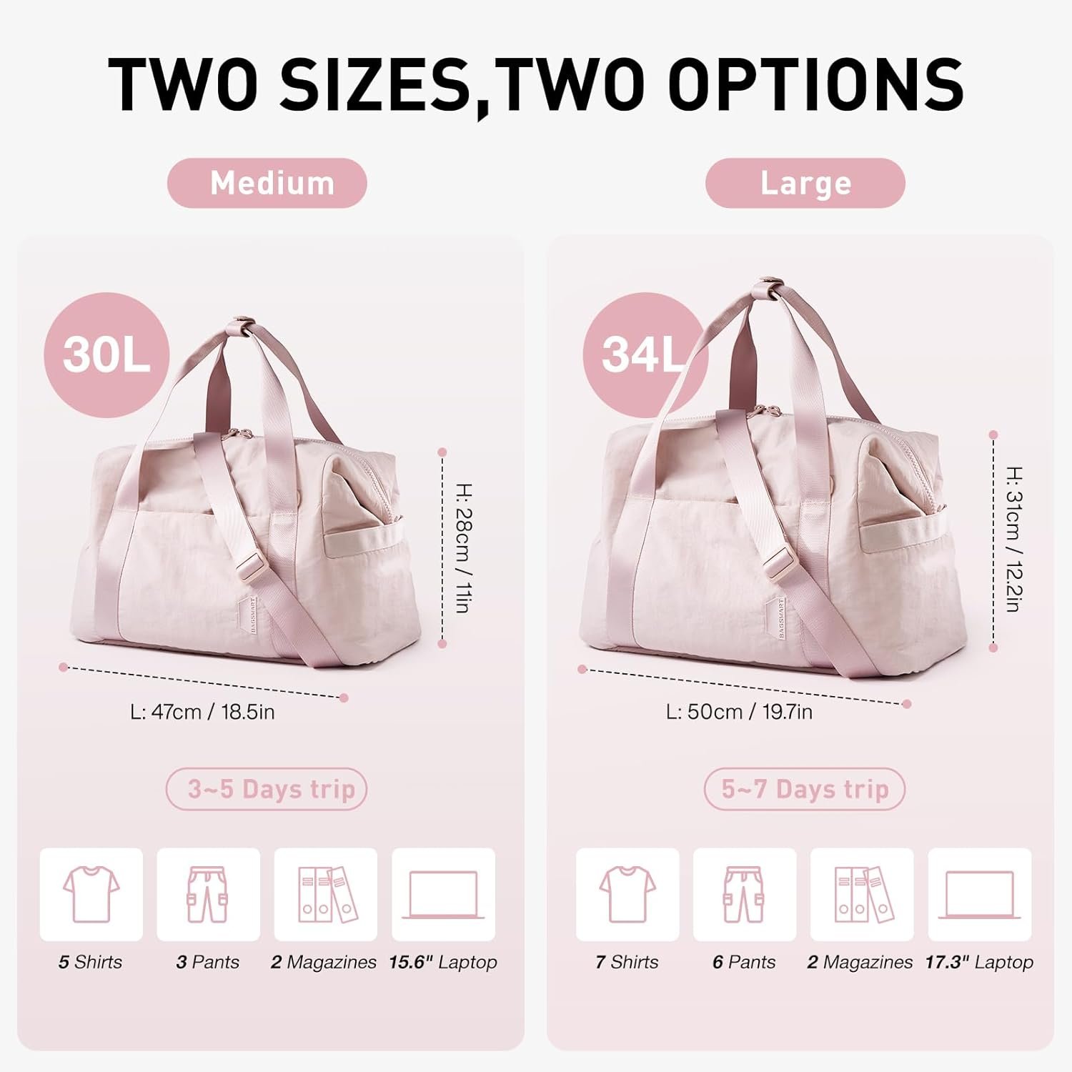 Manufacturer Gym Bag for Women, Custom Logo Carry-On Weekender Overnight Duffel Bag with Trolley Sleeve, Private Label Personal Item Travel Tote Workout Dance Bag (Pink, Medium)