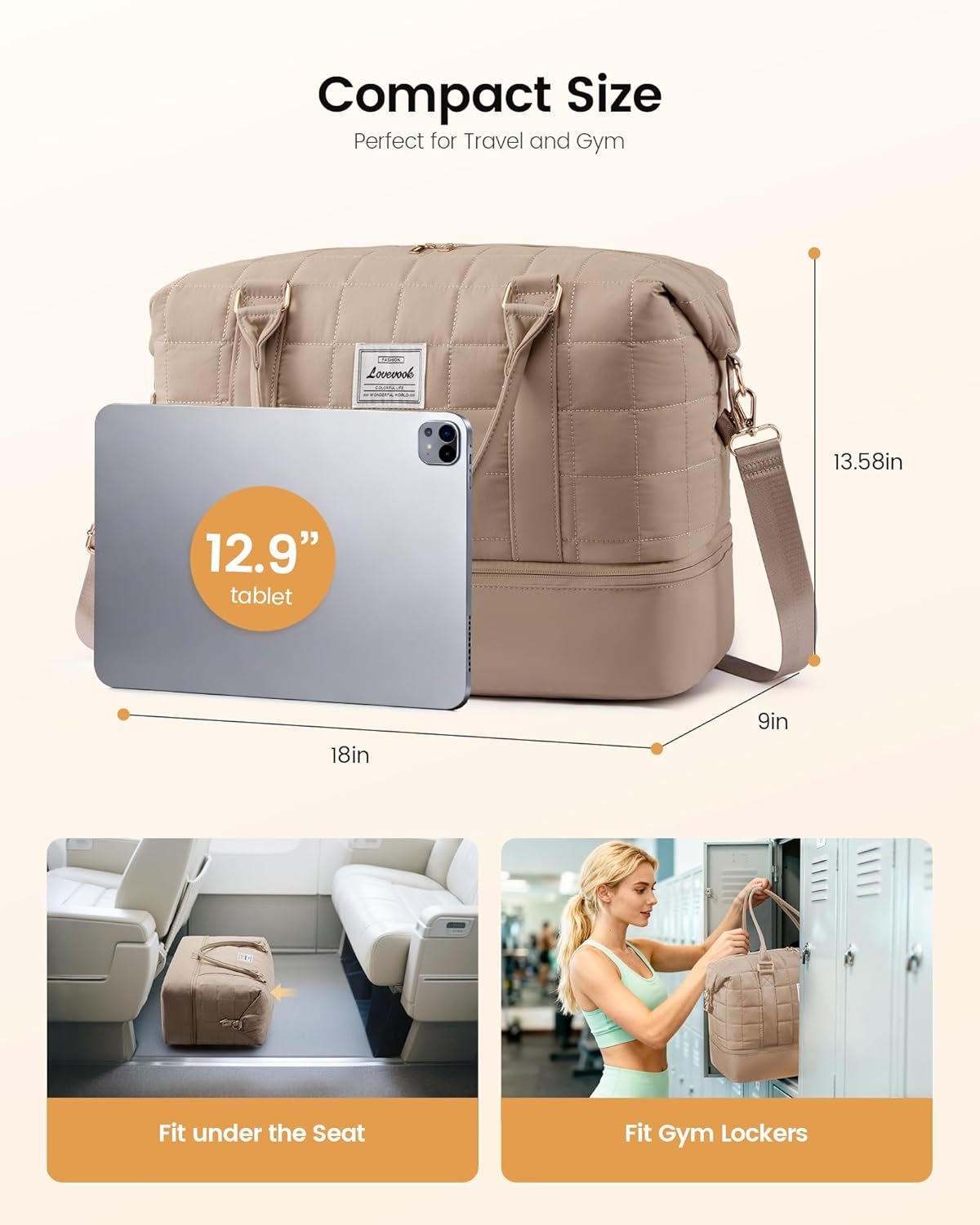 Private Label Travel Duffel Bag - Versatile Weekender for Women with Custom Logo, Puffer Carry On Overnight Bag for Short Trips from Manufacturer, Black/White/Brown