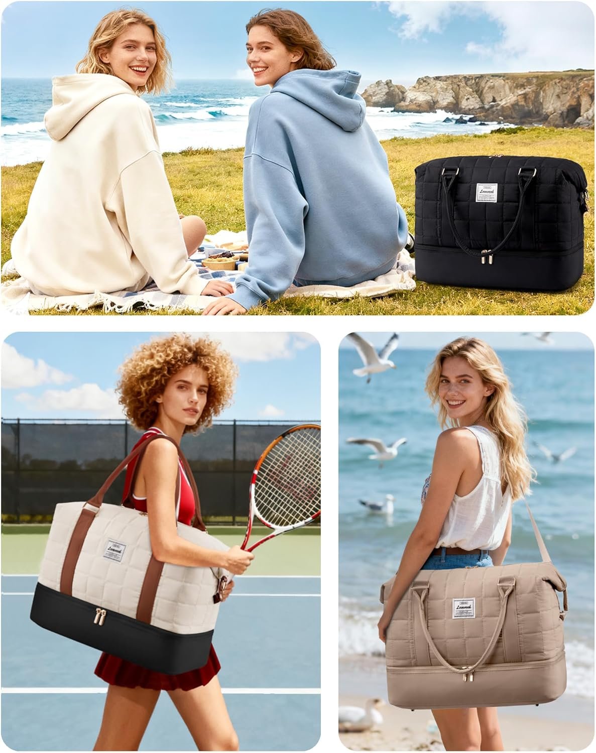 Private Label Travel Duffel Bag - Versatile Weekender for Women with Custom Logo, Puffer Carry On Overnight Bag for Short Trips from Manufacturer, Black/White/Brown