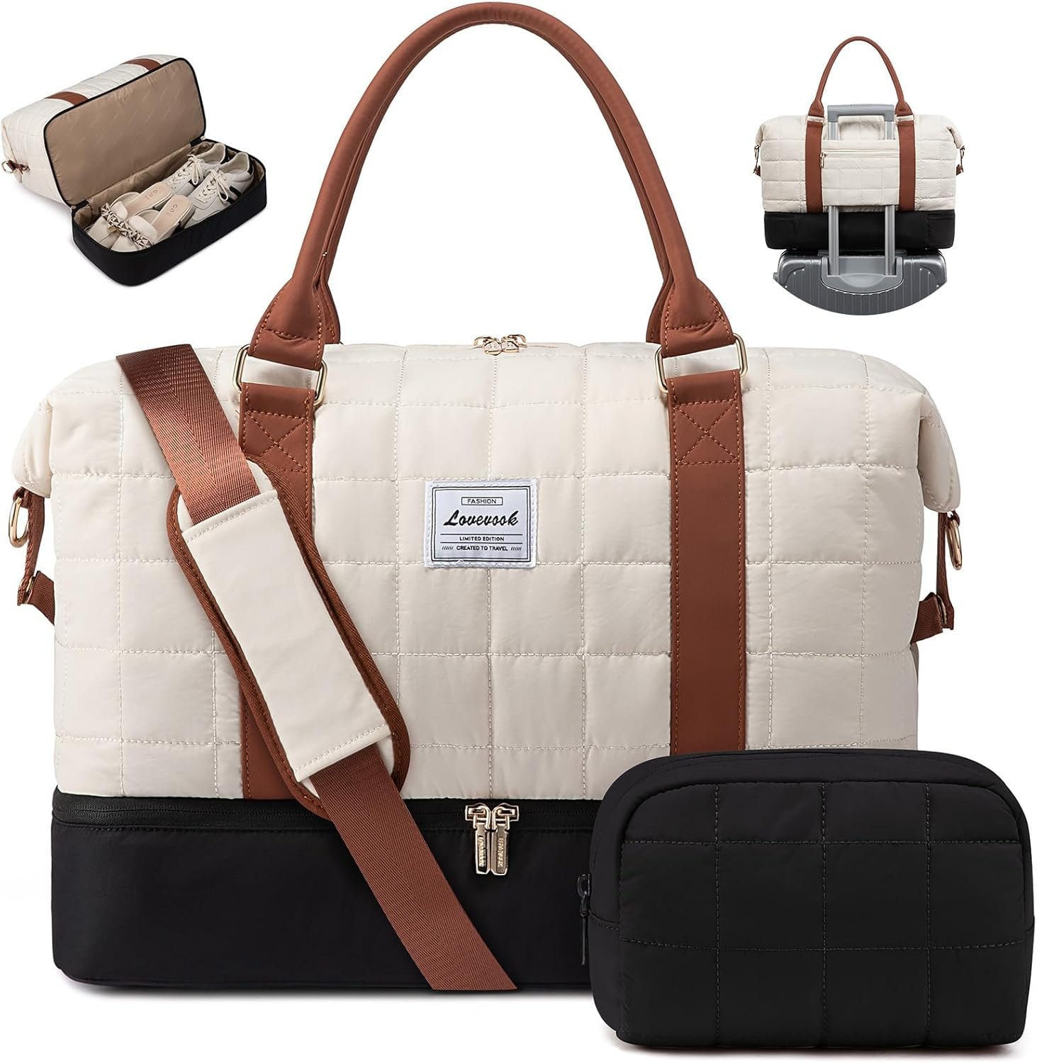 Private Label Travel Duffel Bag - Versatile Weekender for Women with Custom Logo, Puffer Carry On Overnight Bag for Short Trips from Manufacturer, Black/White/Brown