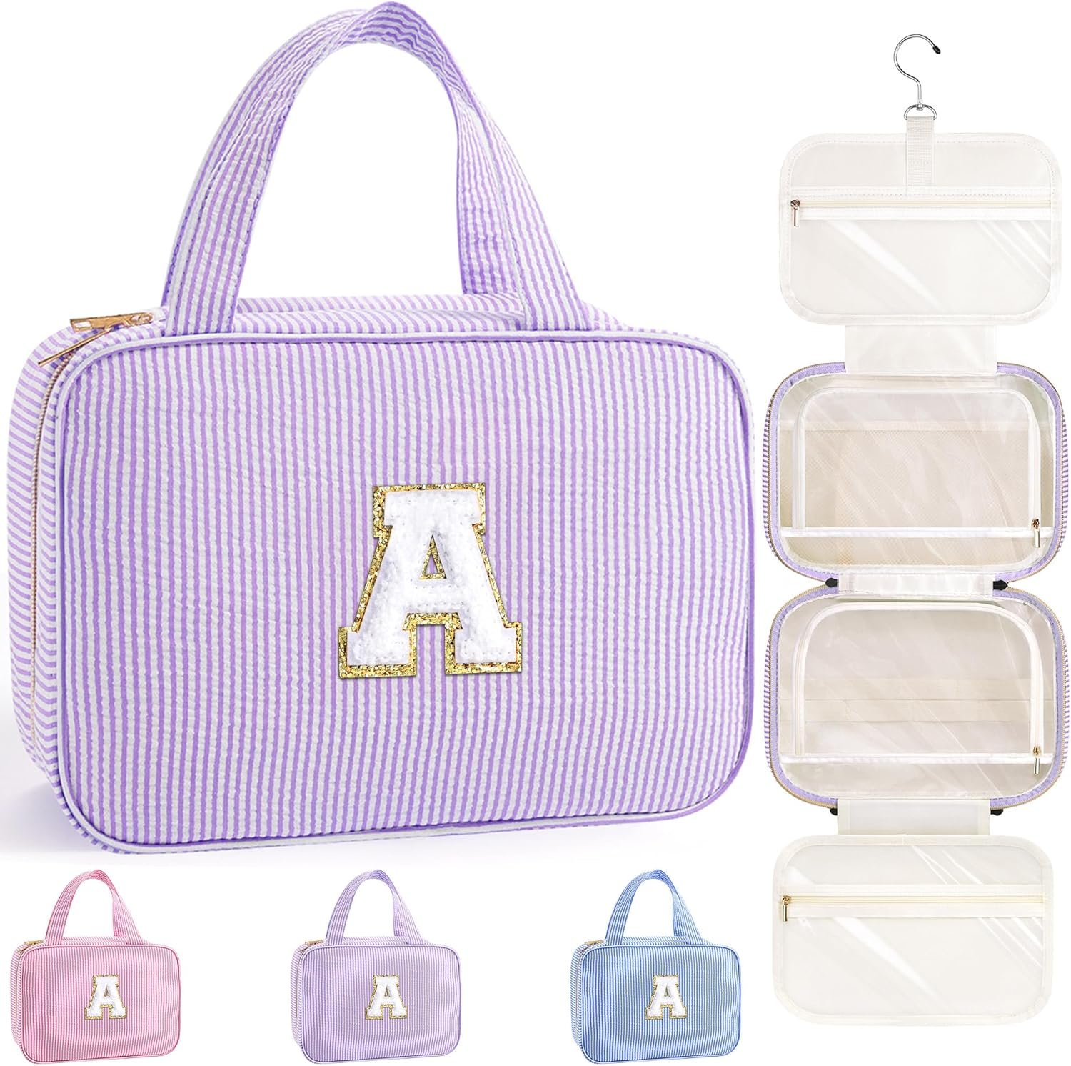 Custom Logo Travel Hanging Toiletry Bag and Makeup Bag Private Label Personalized Initial Toiletry Pouch Birthday Gifts for Women Teen Girls Cruise Essentials Purple A Factory