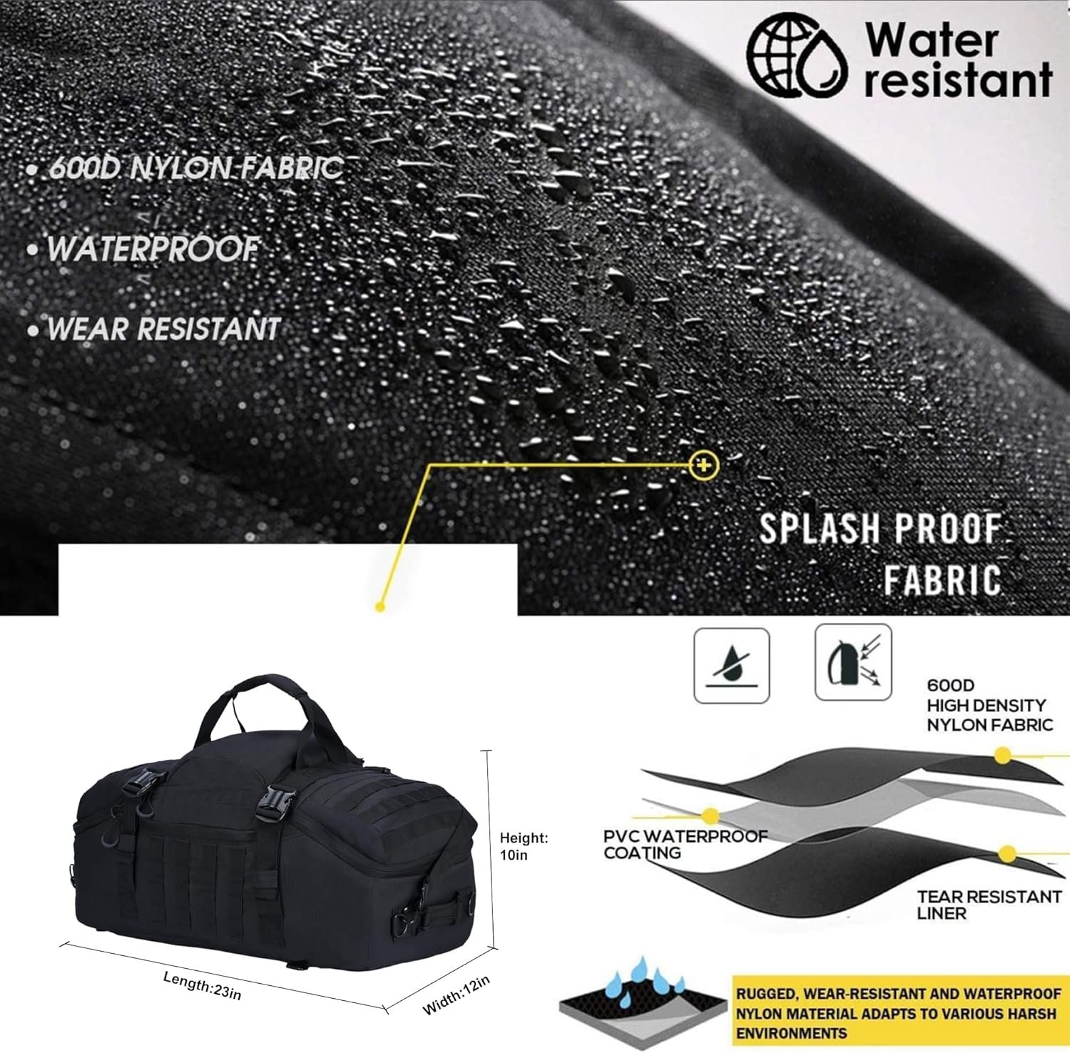 Factory Men's Gym Backpack - Private Label Sports Duffel Travel Bag with Three Ways of Carrying Custom Logo (Black-60L)