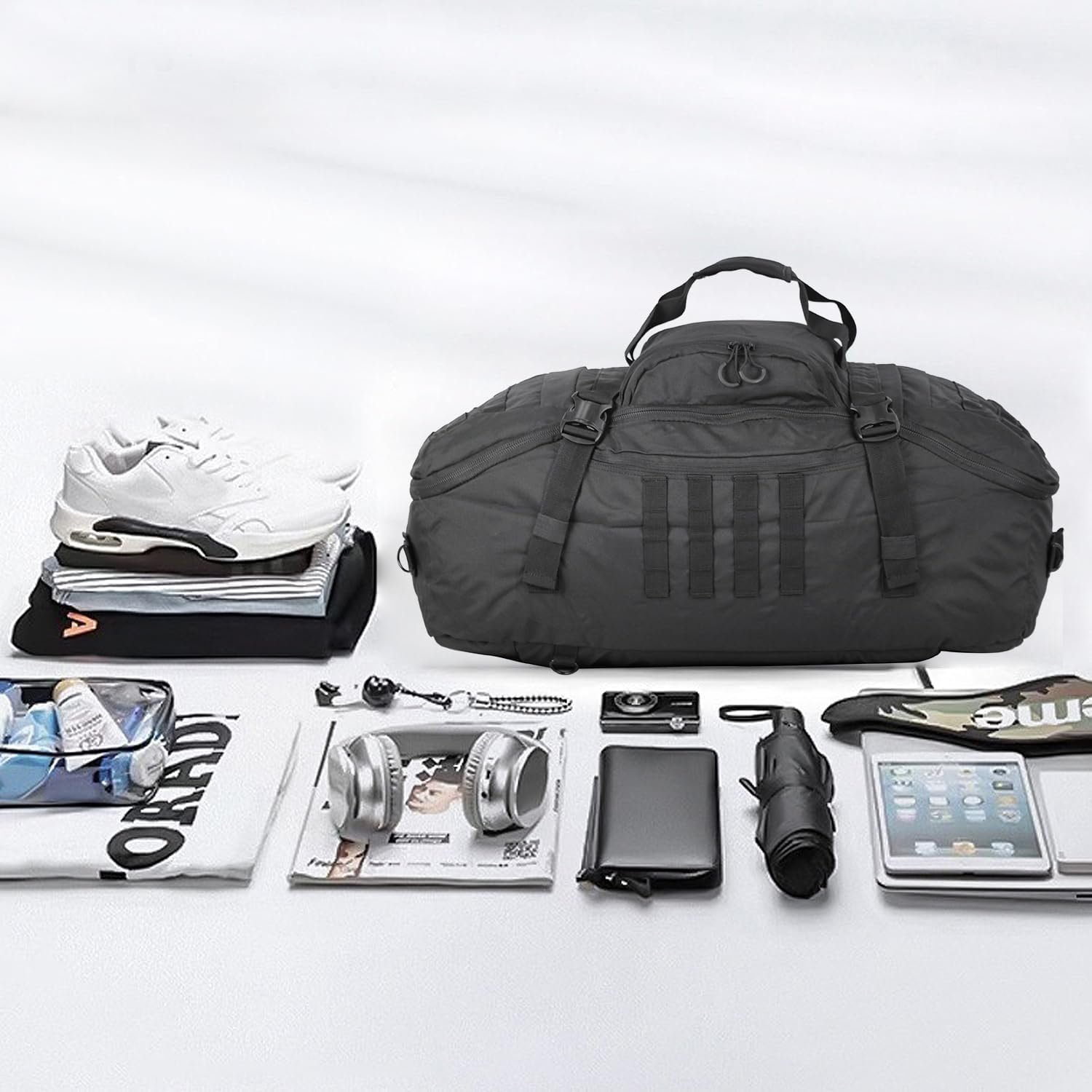 Factory Men's Gym Backpack - Private Label Sports Duffel Travel Bag with Three Ways of Carrying Custom Logo (Black-60L)