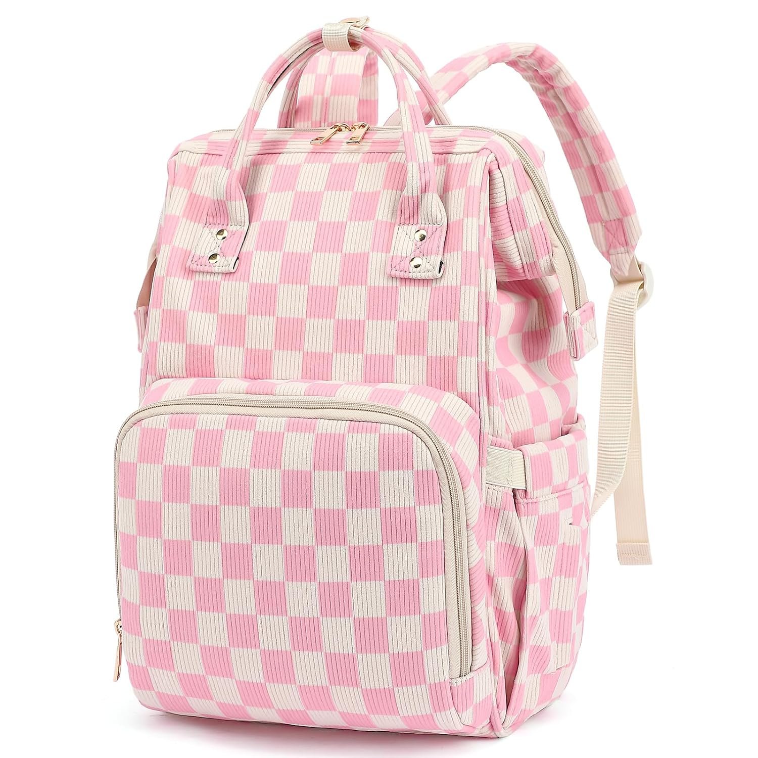 Factory Baby Diaper Bag Backpack for Mom Private Label Large Capacity Travel Nappy Bag for Boys & Girls with Stroller Straps Corduroy Checkered Pink Custom Logo