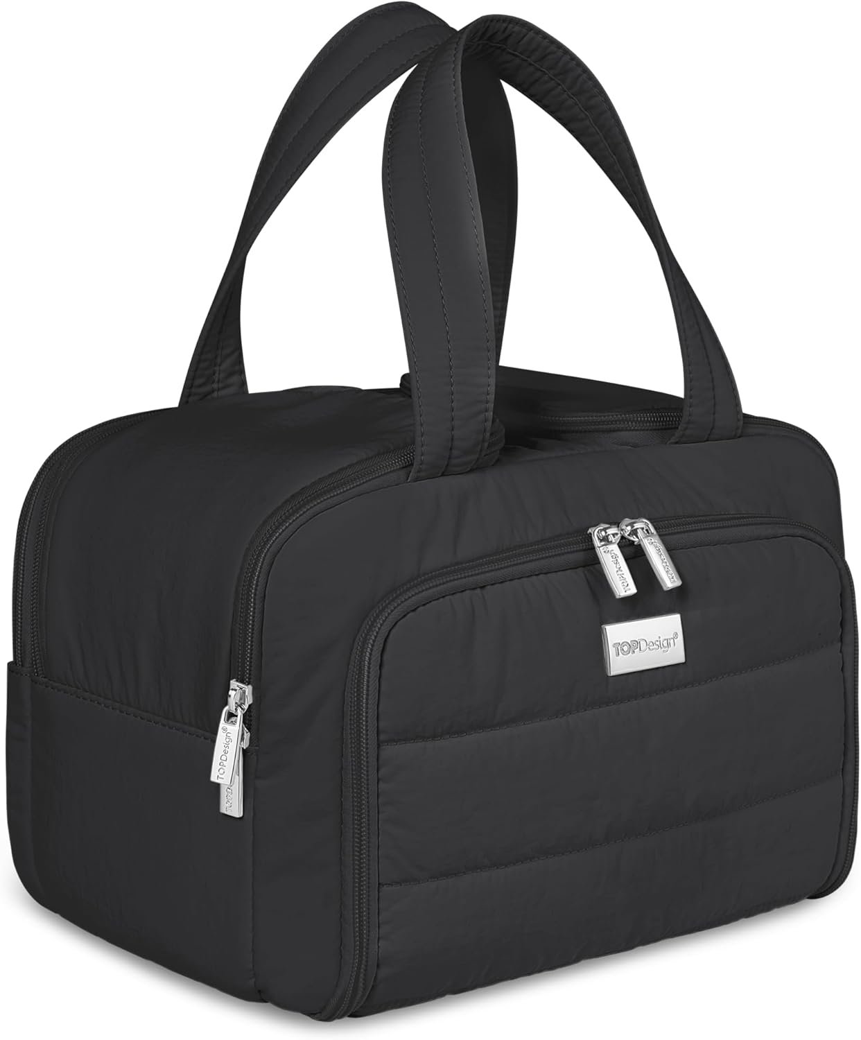 Custom Logo Puffer Large Travel Toiletry Bag for Women Private Label Lightweight Cosmetic Makeup Organizer with Handle Manufacturer for Toiletries Accessories Essentials Black