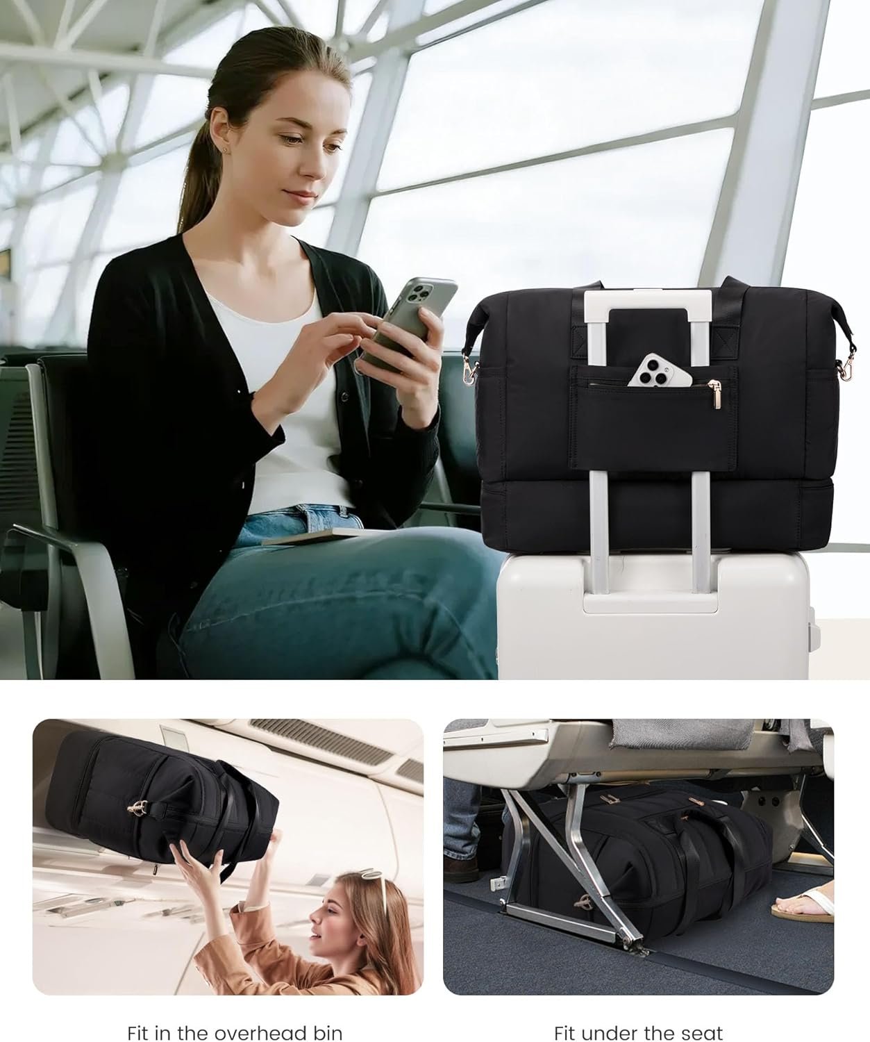 Custom Logo Puffer Weekender Travel Duffle Bag for Women with Shoe Compartment 42L Carry On Duffel for Airplanes Private Label Hospital Bag for Labor and Delivery Overnight Bag with Toiletry Bag Manufacturer 2Pcs Set