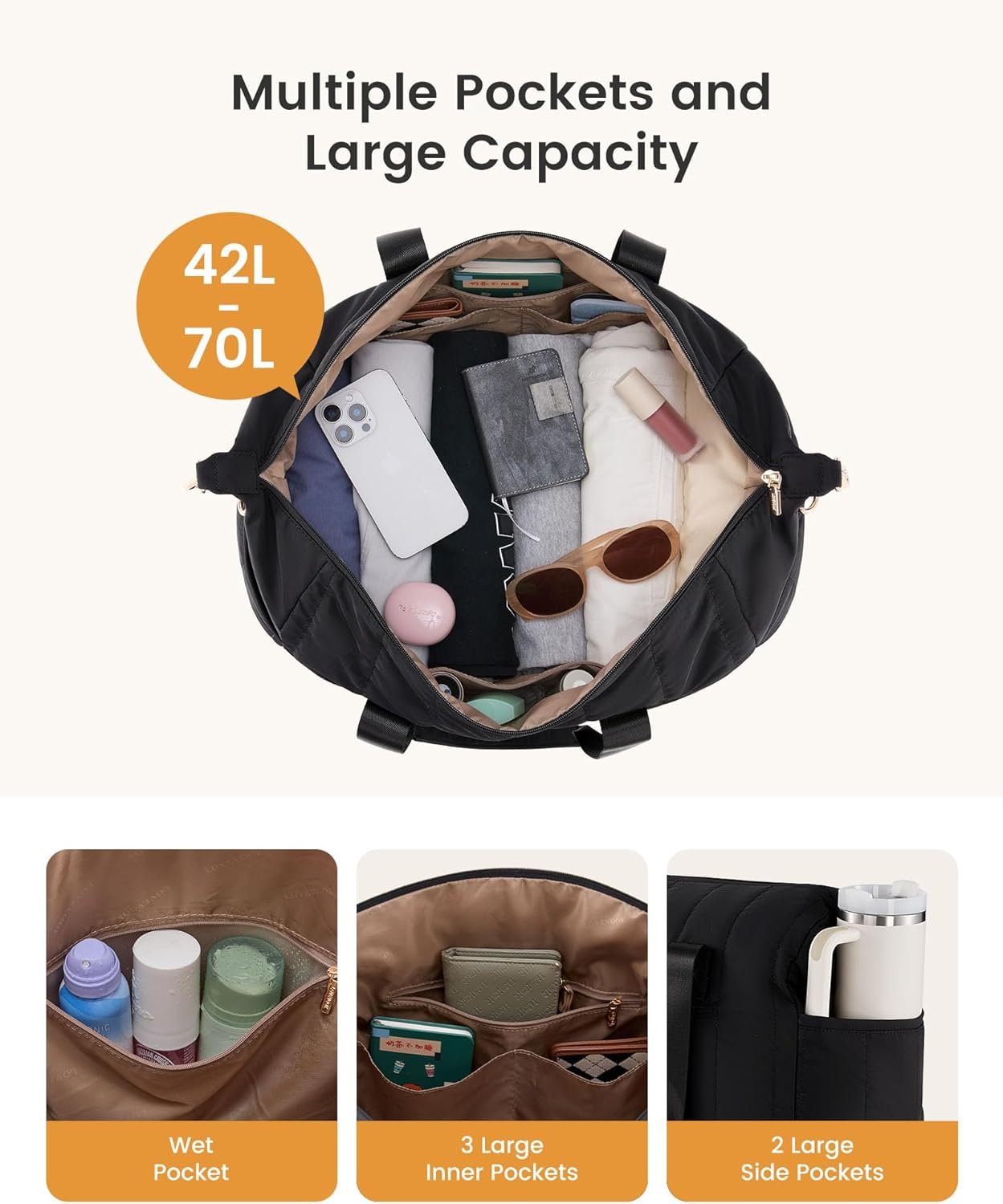 Custom Logo Puffer Weekender Travel Duffle Bag for Women with Shoe Compartment 42L Carry On Duffel for Airplanes Private Label Hospital Bag for Labor and Delivery Overnight Bag with Toiletry Bag Manufacturer 2Pcs Set