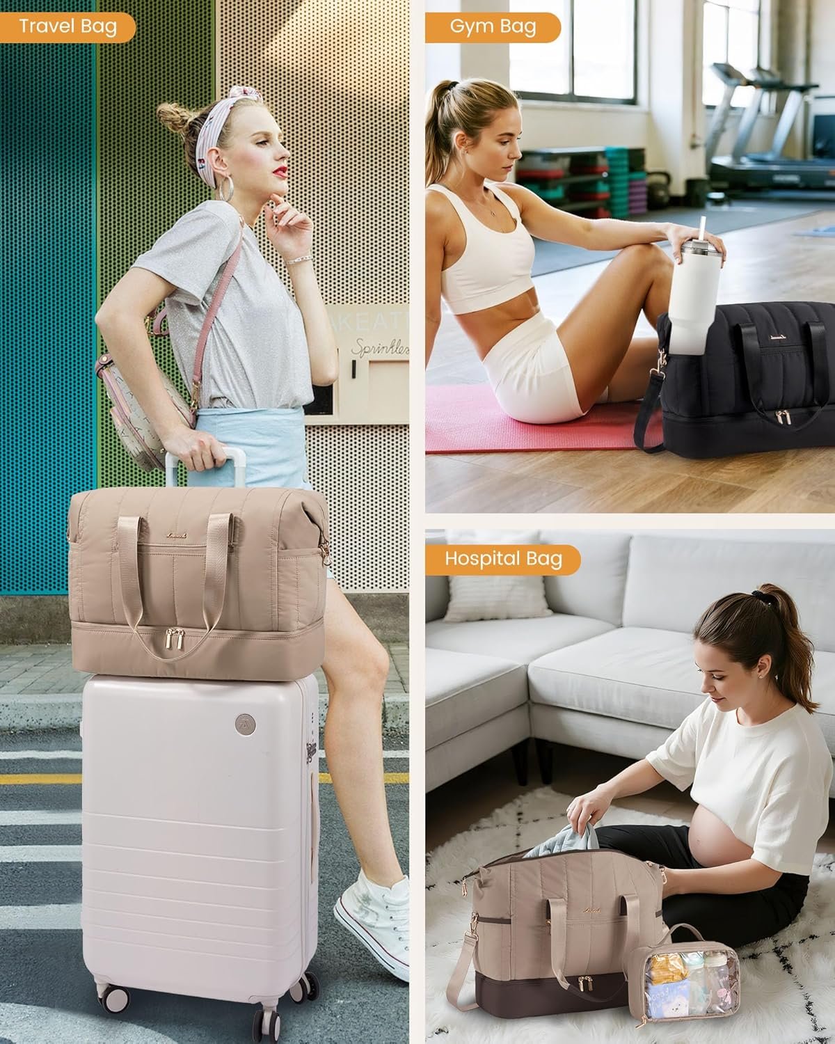 Custom Logo Puffer Weekender Travel Duffle Bag for Women with Shoe Compartment 42L Carry On Duffel for Airplanes Private Label Hospital Bag for Labor and Delivery Overnight Bag with Toiletry Bag Manufacturer 2Pcs Set