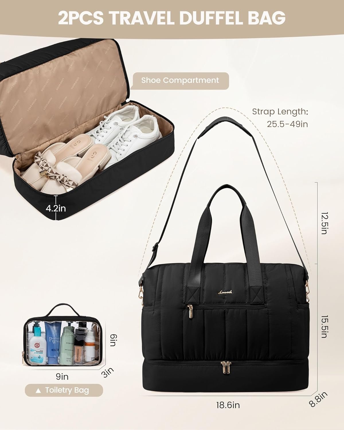 Custom Logo Puffer Weekender Travel Duffle Bag for Women with Shoe Compartment 42L Carry On Duffel for Airplanes Private Label Hospital Bag for Labor and Delivery Overnight Bag with Toiletry Bag Manufacturer 2Pcs Set