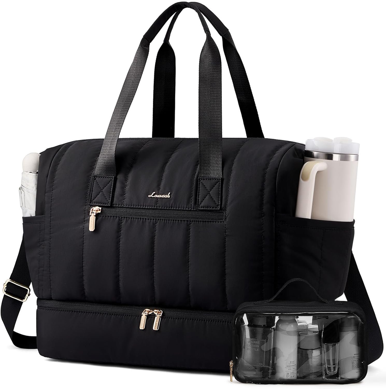 Custom Logo Puffer Weekender Travel Duffle Bag for Women with Shoe Compartment 42L Carry On Duffel for Airplanes Private Label Hospital Bag for Labor and Delivery Overnight Bag with Toiletry Bag Manufacturer 2Pcs Set