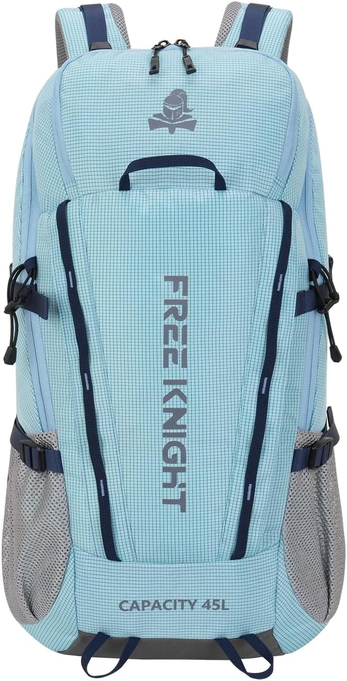 Manufacturer 45L Waterproof Hiking Camping Backpack with Rain Cover Private Label Outdoor Daypack for Travel Climbing Skiing Cycling Custom Logo Blue